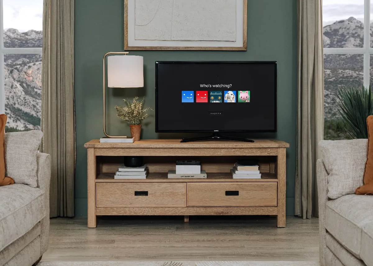 A lifestyle image of the Albany TV Unit with TV andplant and table lamp from EZ Living Furniture.