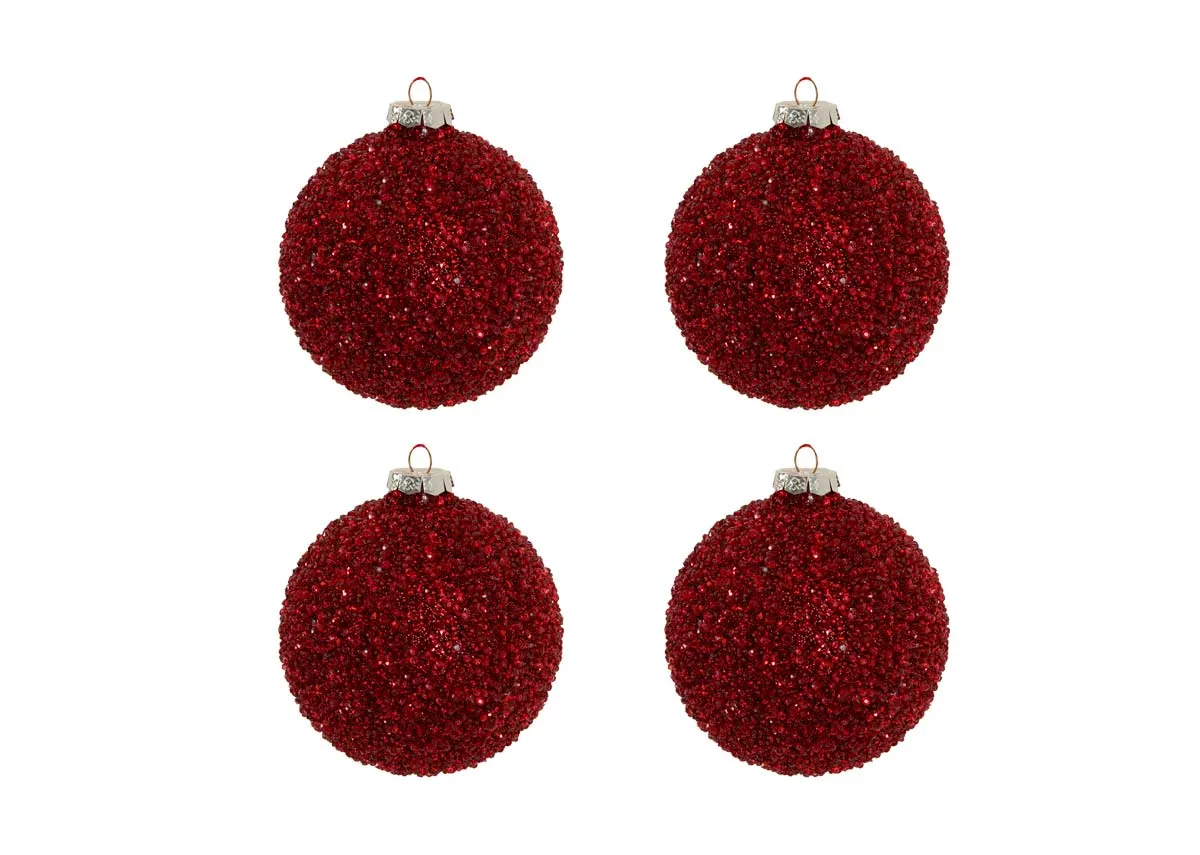 A set of 4 red beaded baubles from EZ Livings Christams range. Front view of Our First Christmas Bauble set.