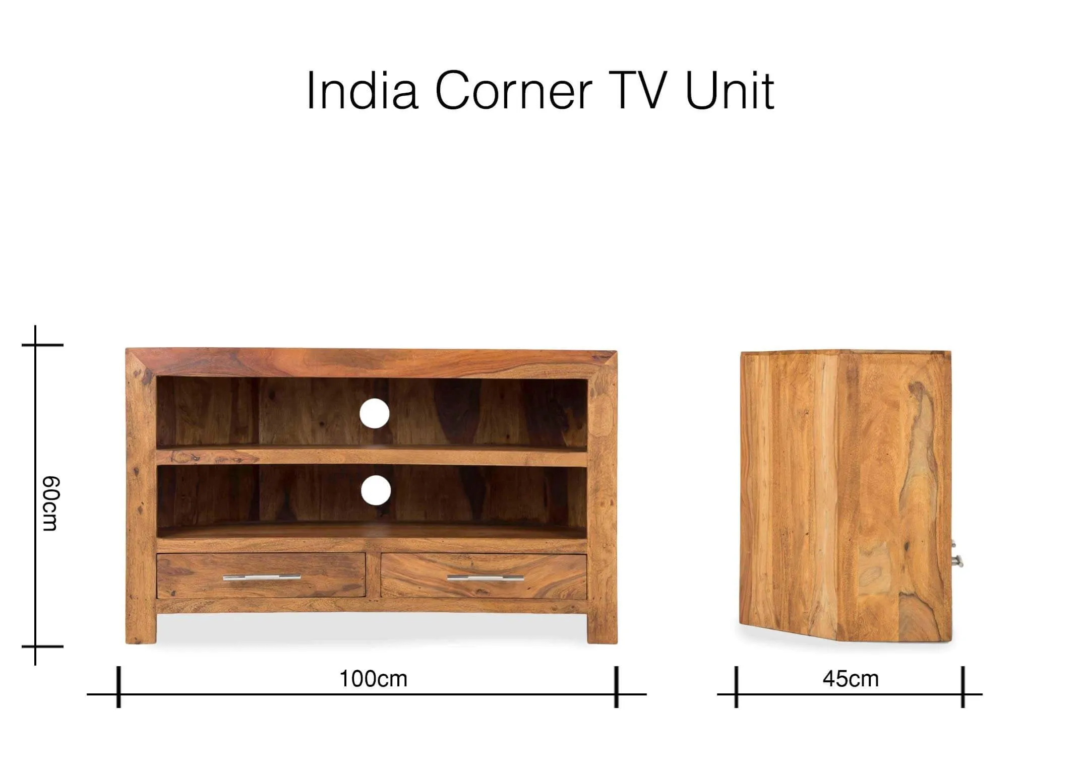 Dimension shot of two-drawer sheesham wood corner tv unit india with 60 cm (height) x 100 cm (width) x 45 cm (depth). 