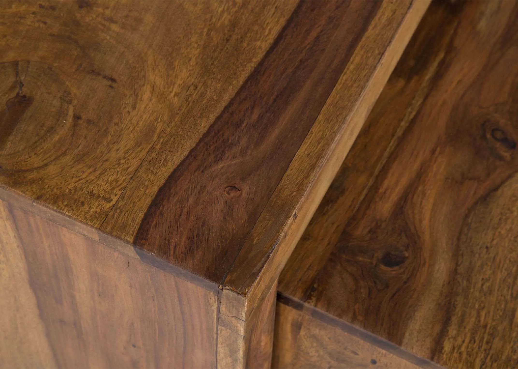 Dimension shot of sheesham wood nest of three tables India with 45 cm (height) x 45 cm (width) x 30 cm (depth).