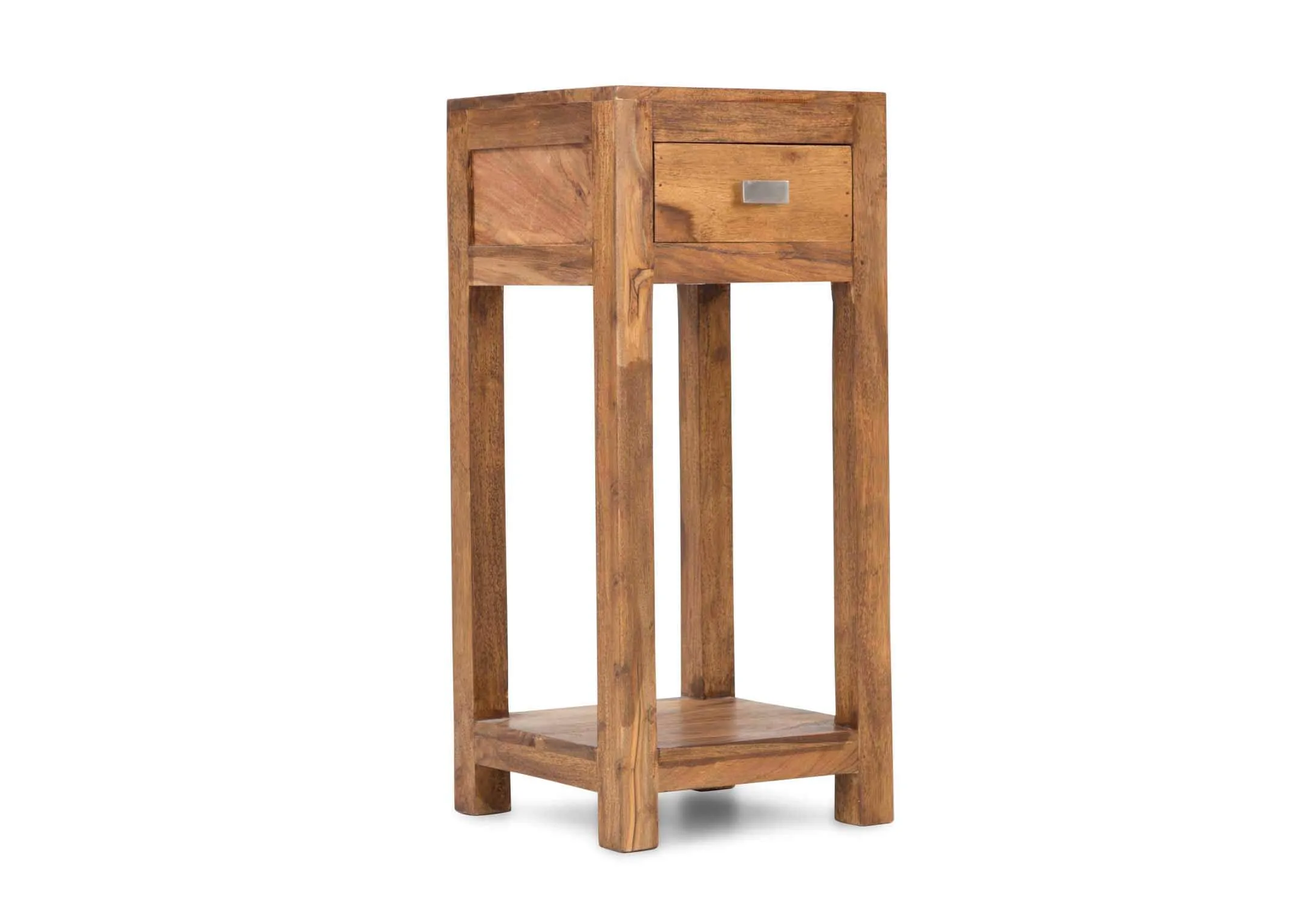 View from side-angle of the one drawer sheesham wood India low stool
