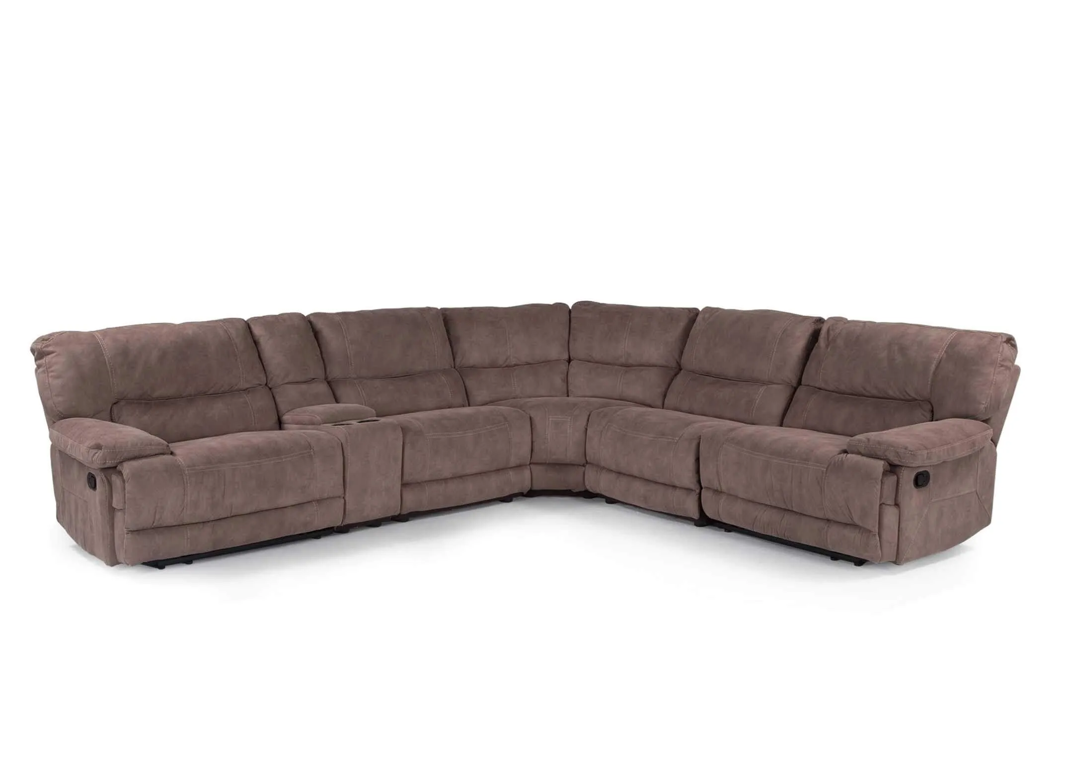 View from front of the taupe large Baxter corner reclining sofa 