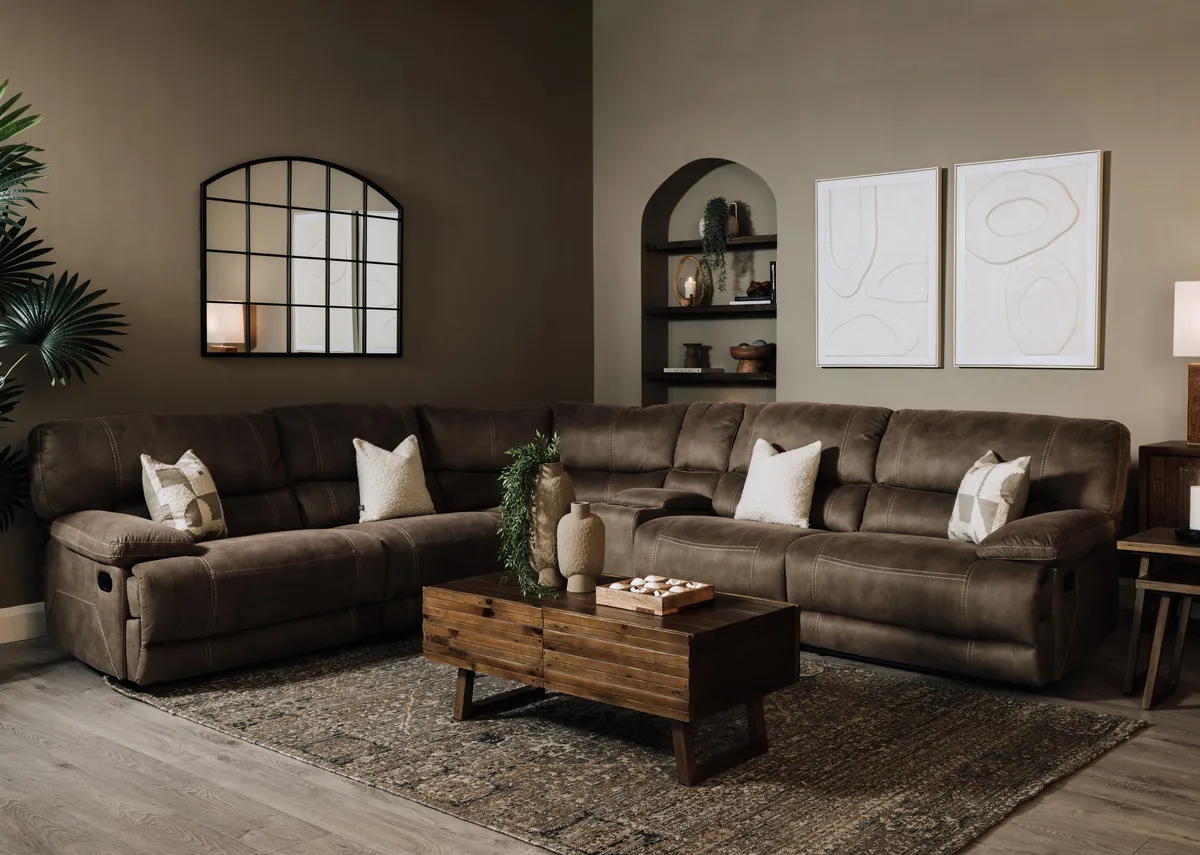 A lifestyle image of the Baxter large corner sofa with ladder coffee table