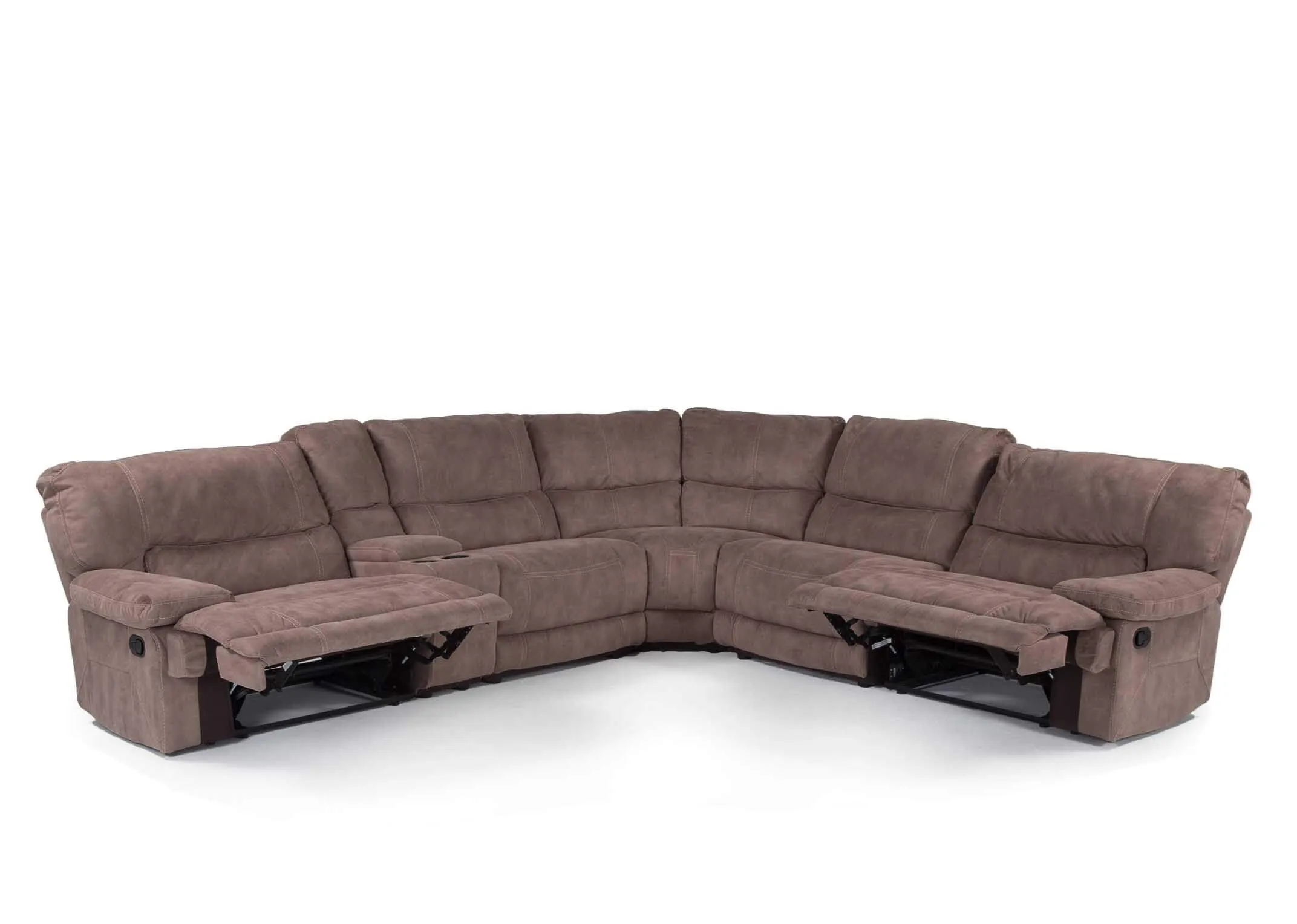 View from front with feet extended of the taupe large Baxter corner reclining sofa  