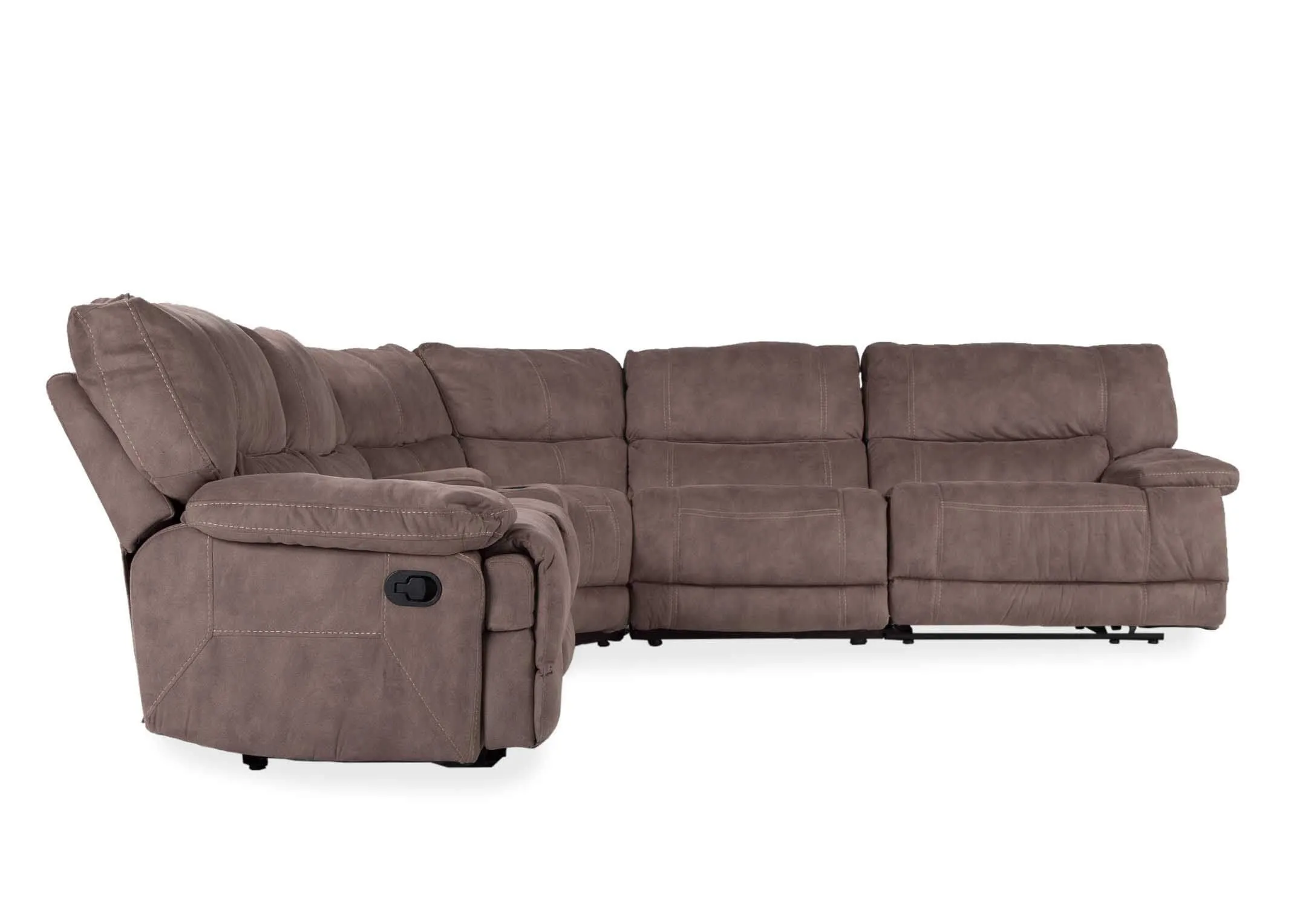 View from side angle of the taupe large Baxter corner reclining sofa  