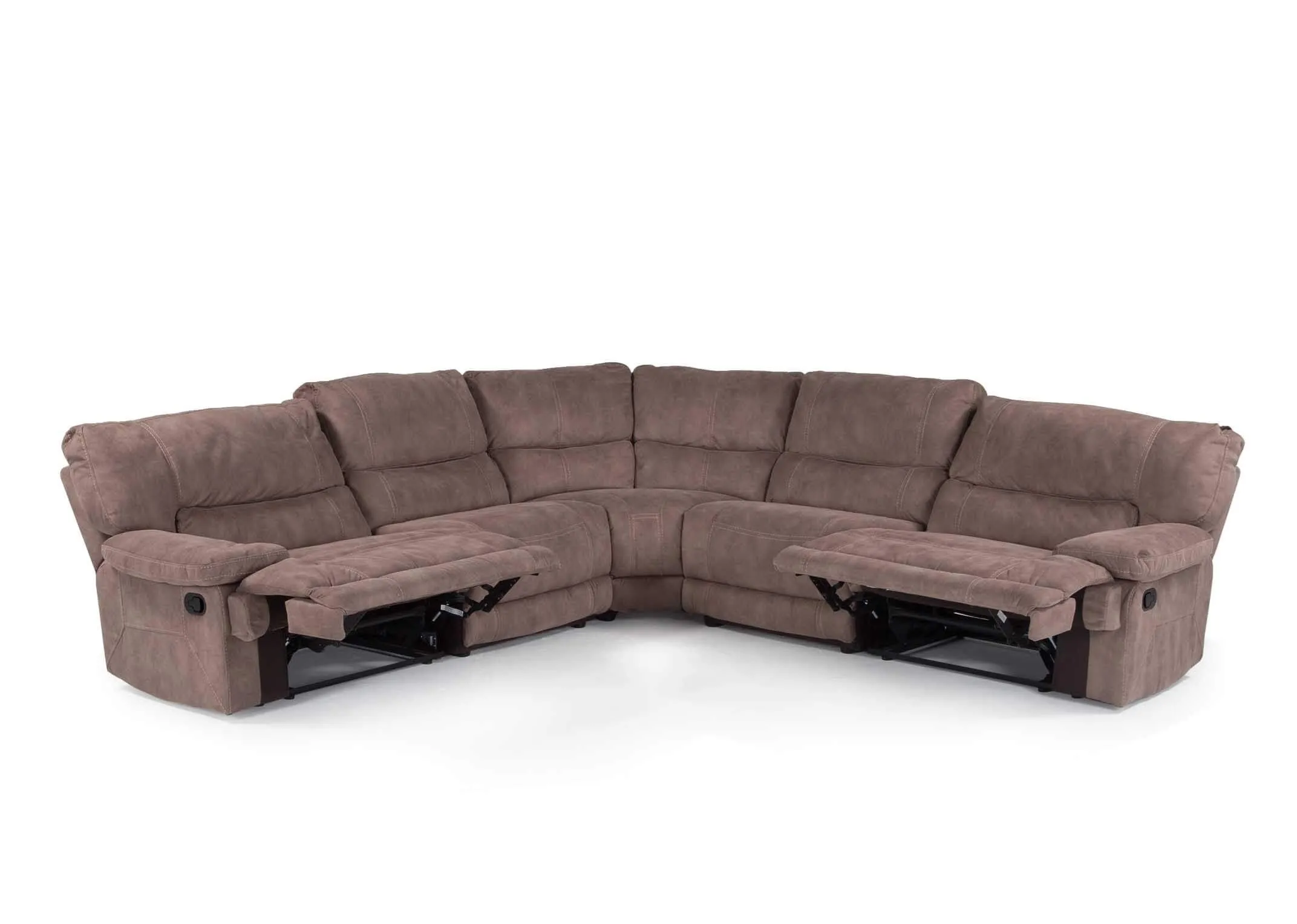 Close-up view from above of armrest and recliner lever as part of the medium sized taupe Baxter reclining corner sofa 