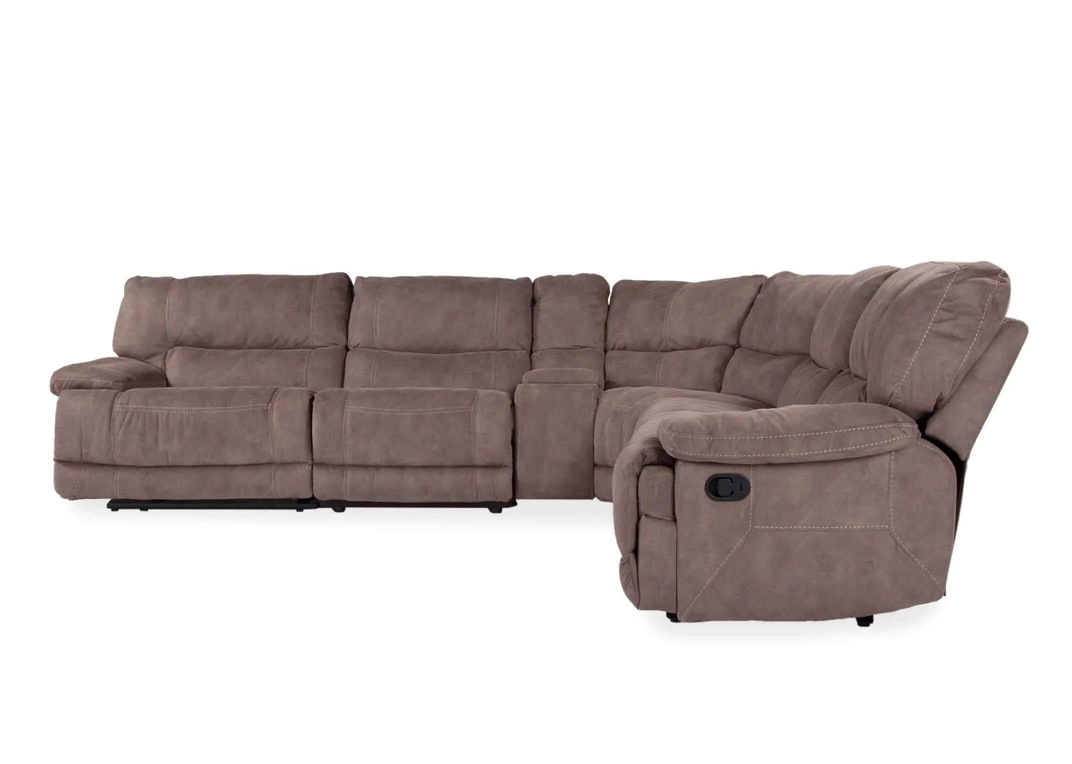 View from front with feet extended of the medium sized taupe Baxter reclining corner sofa