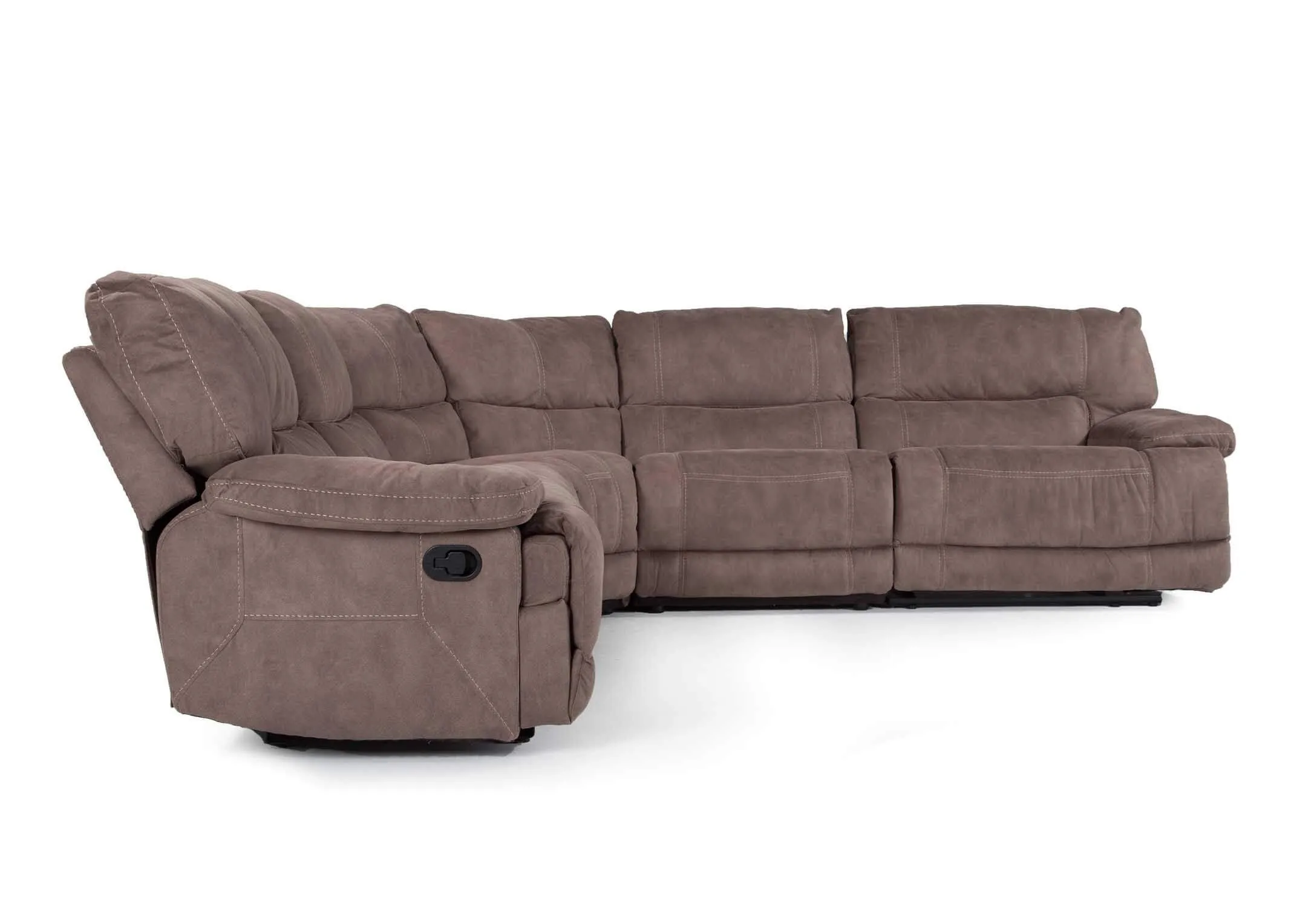 View from side of the medium sized taupe Baxter reclining corner sofa 