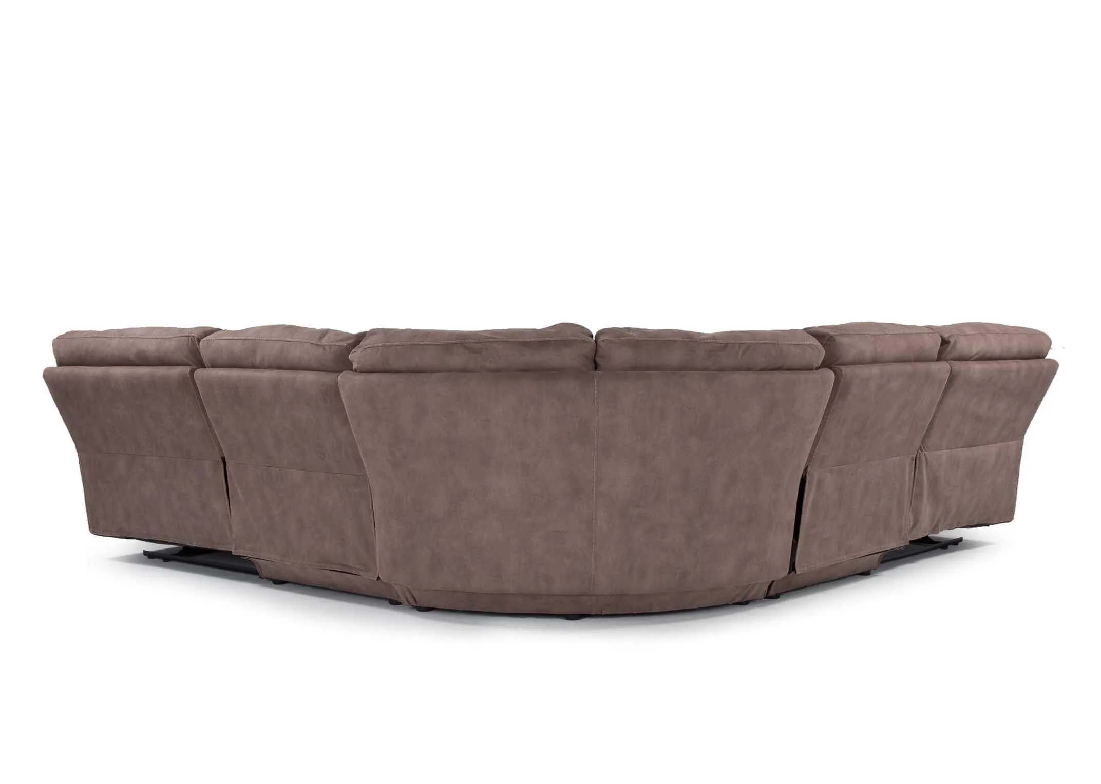 View from side with lever of the medium sized taupe Baxter reclining corner sofa 