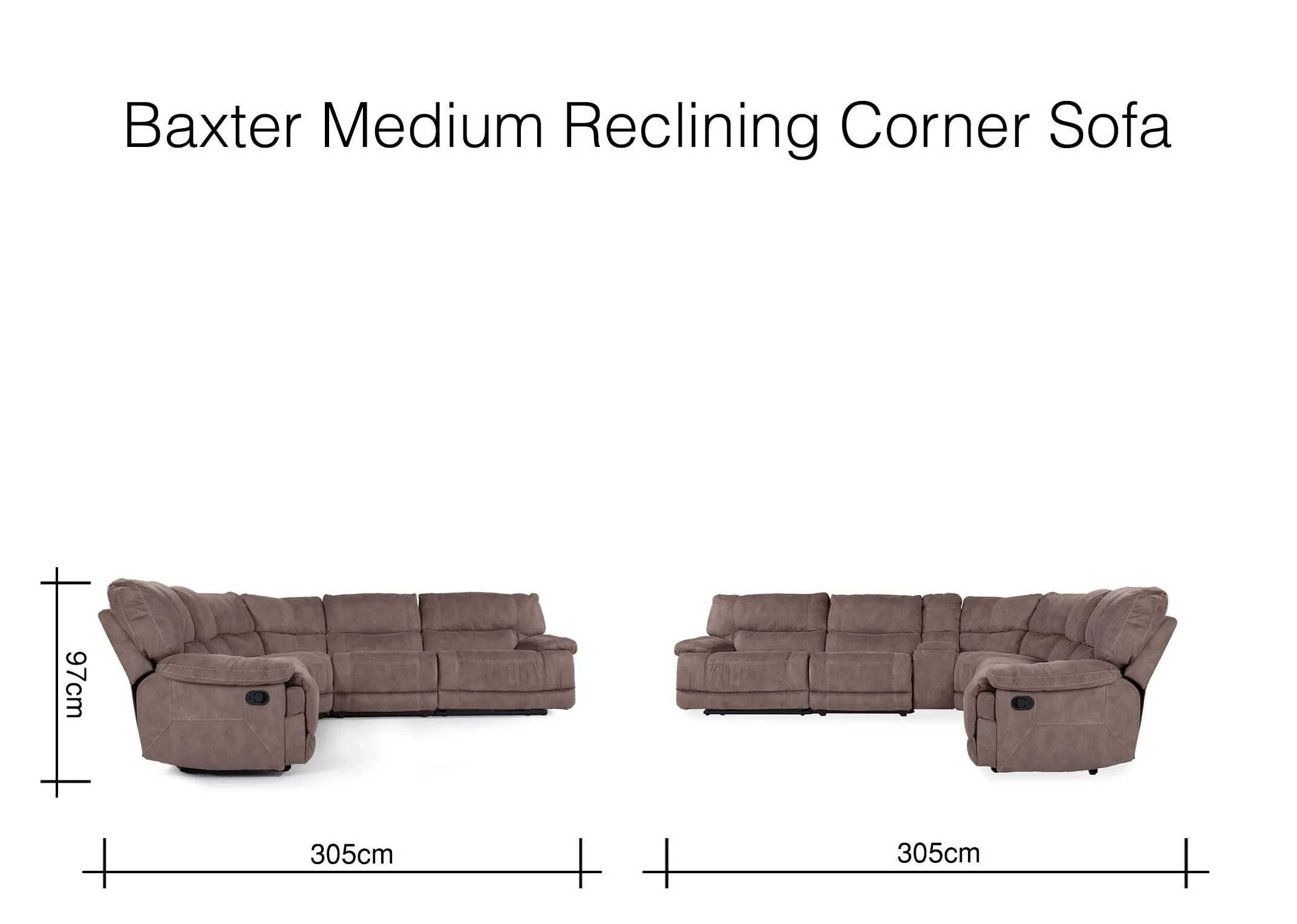 View from rear of the medium sized taupe Baxter reclining corner sofa 
