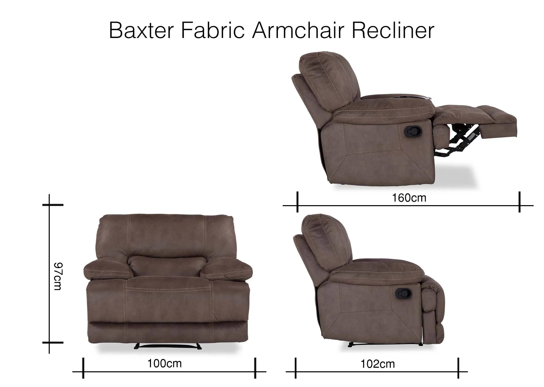 Dimensions of the Baxter taupe armchair - 102 cm Width x 160 cm (Width Extended) x 97 cm (Height) 