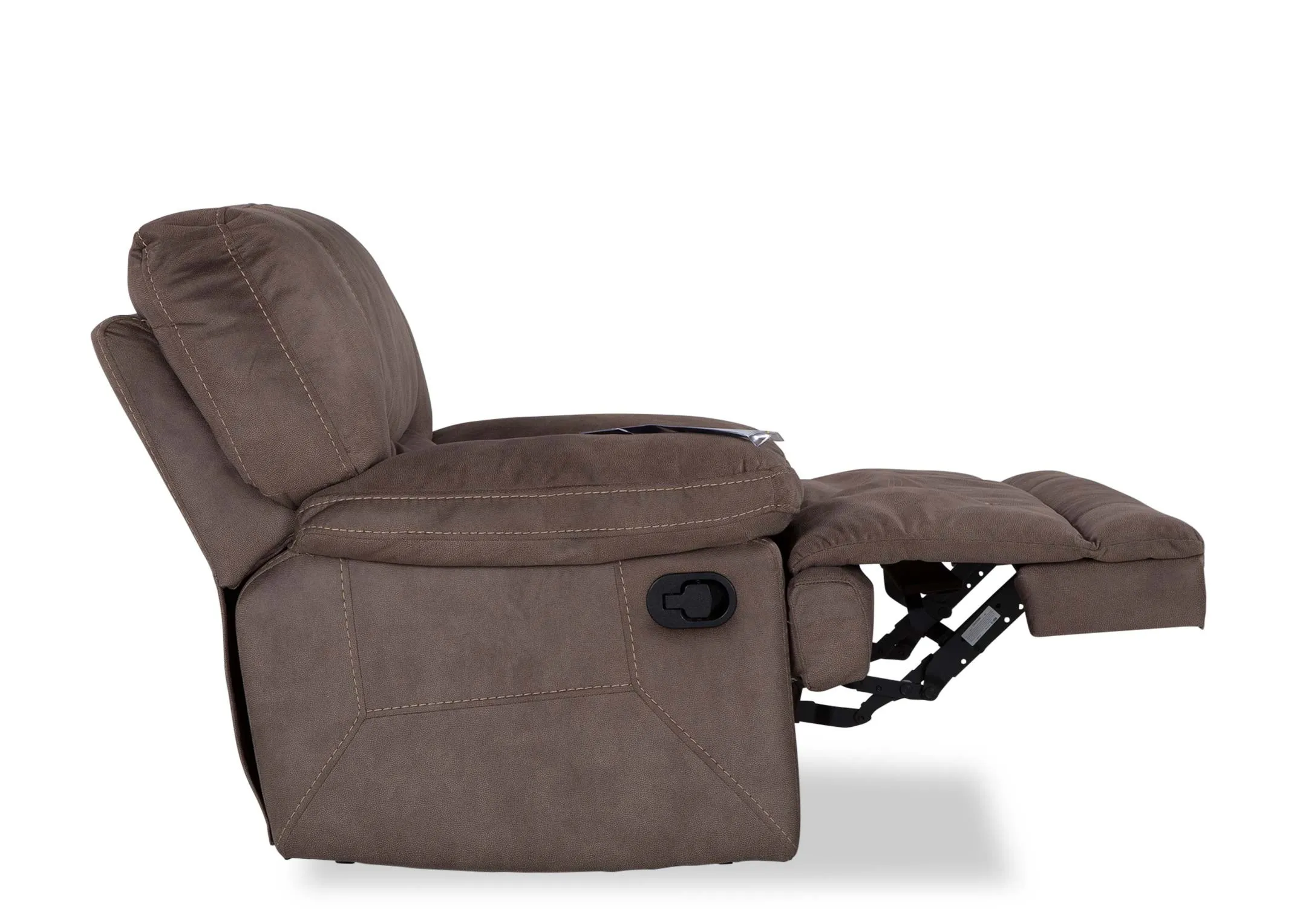 A view from the side of the Baxter reclining armchair fully reclined.