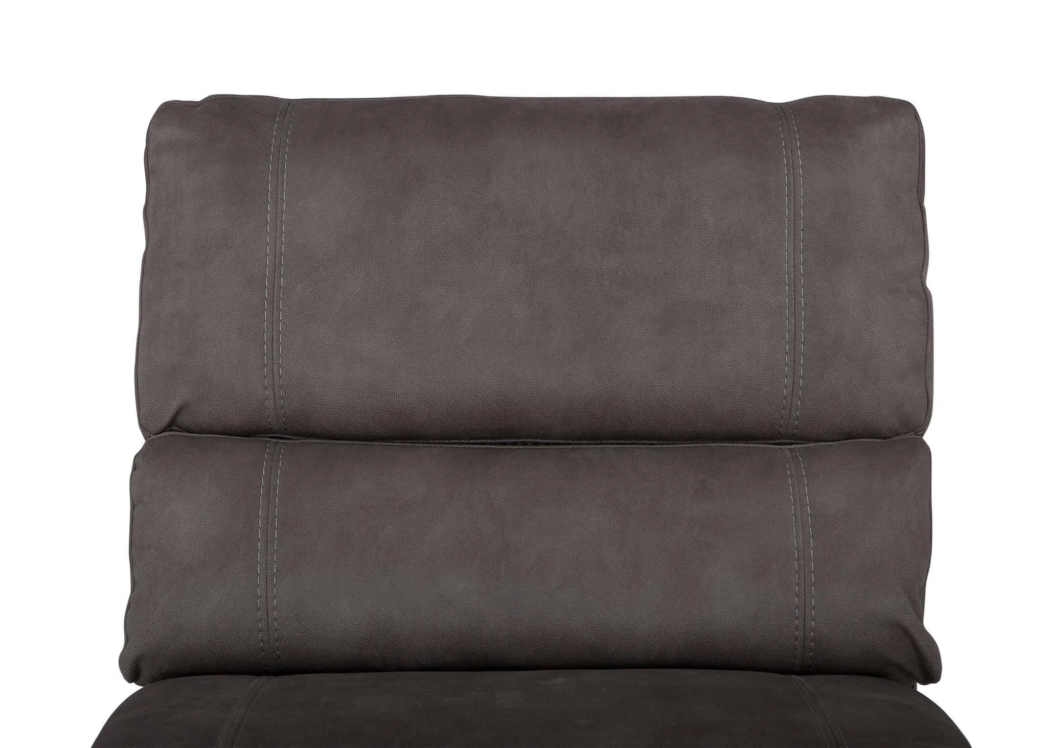 A close up of the back rest on the Baxter armless unit highlighting the grey faux suede fabric.
