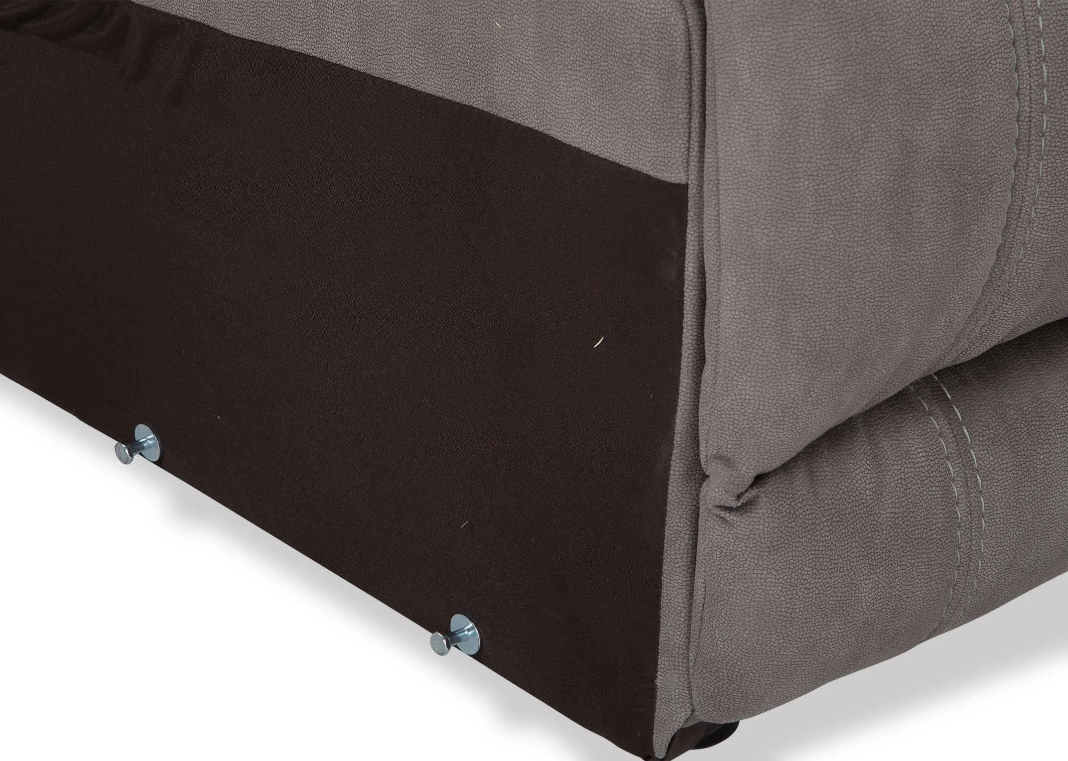 A close up of the bottom section of the armless Baxter unit with grey faux suede.