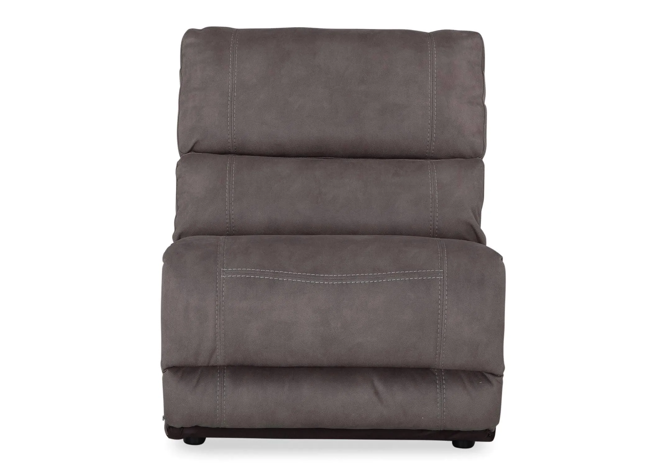 A front view of the Baxter grey faux suede armless unit.
