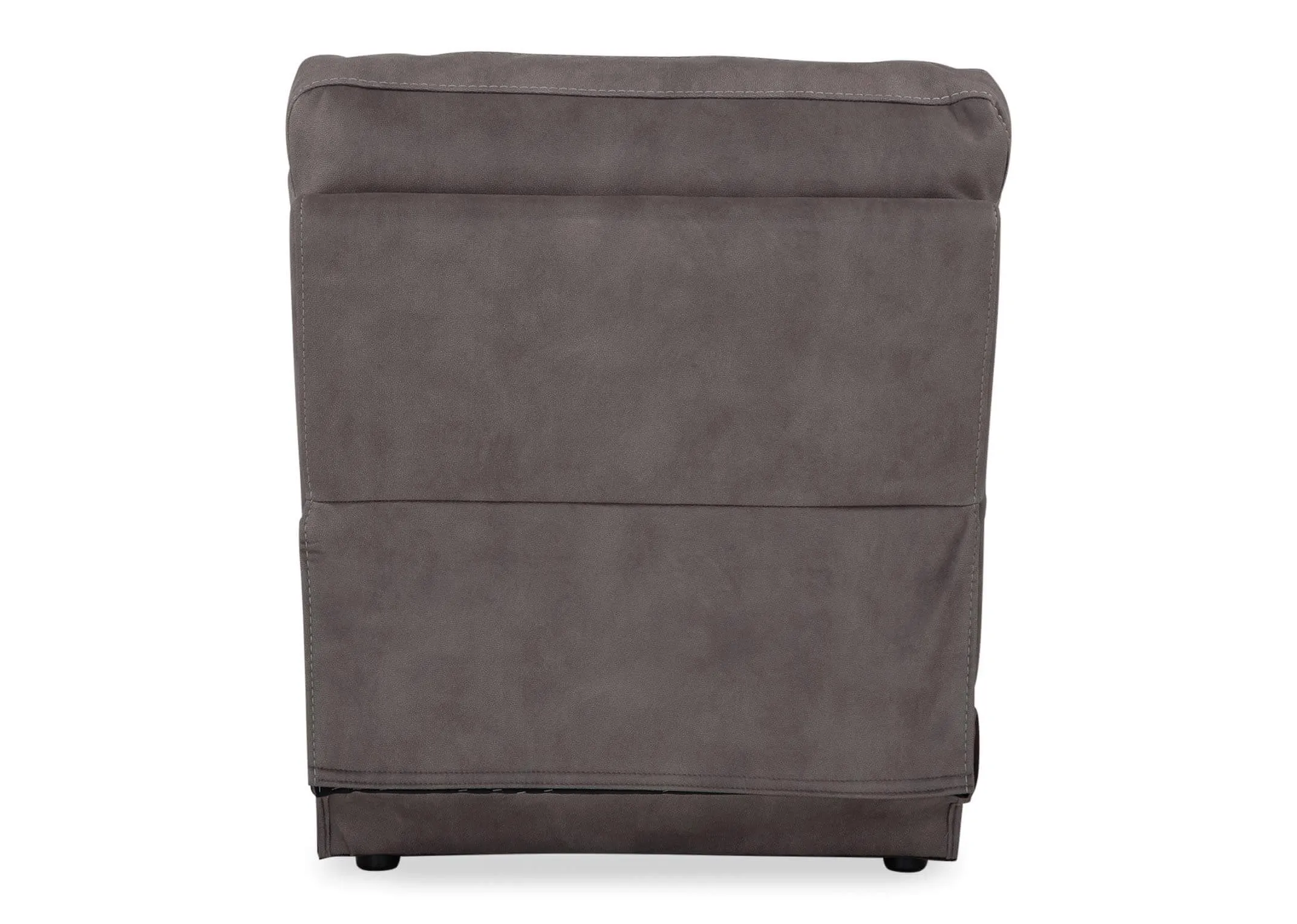 A view form behind looking at the back of the Baxter grey faux suede armless unit.