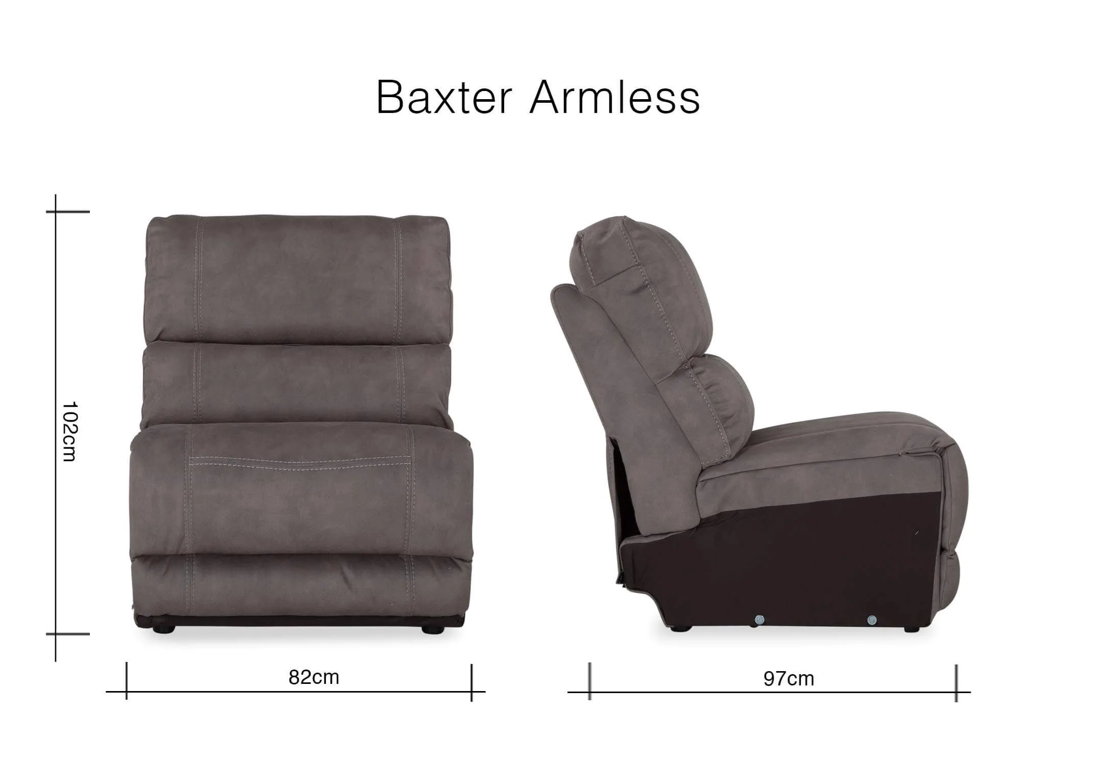 A dimension image for the Baxter grey faux suede armless unit 102cm (Height) x 82cm (Width) x 97cm (Depth)