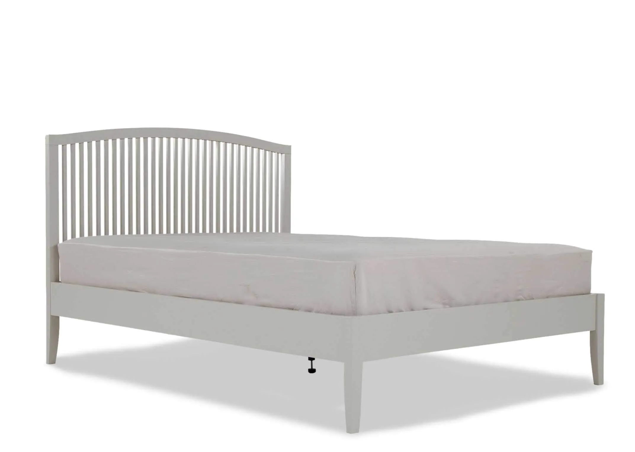 Angled shot of the chic and contemporary Rivendale double 4 ft 6 grey bedframe with 4 legs and a vertically slatted headboard