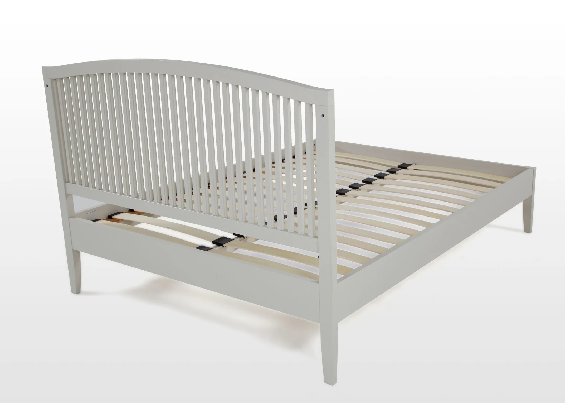 Angled shot from behind the chic Rivendale king size 5 ft grey bedframe showing the vertically slatted bedframe