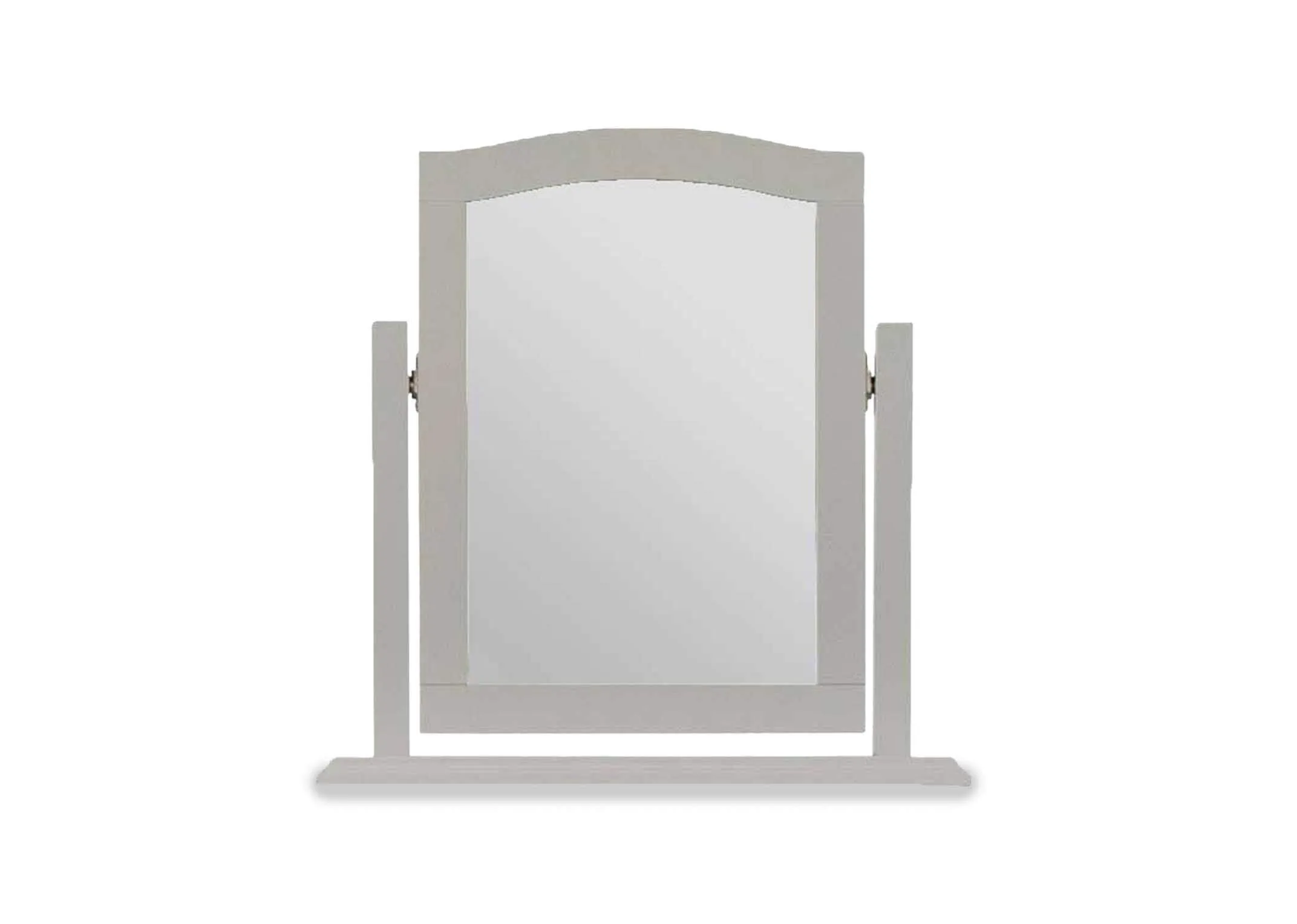 Full front view of the Rivendale mirror painted grey and crafted using fine birch wood with a chic curved top