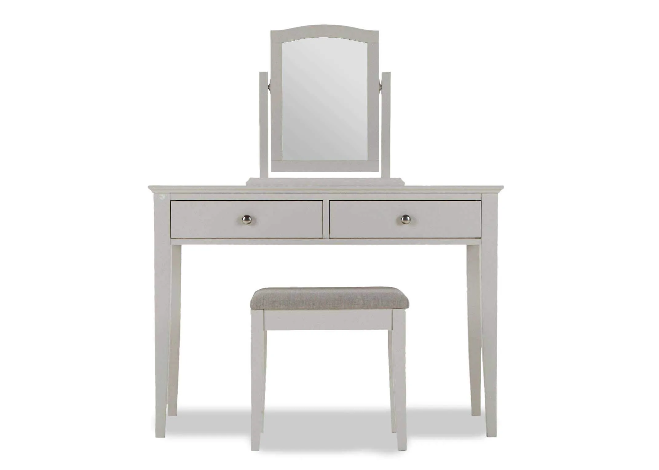 Full front view of the Rivendale grey mirror sitting on top of a matching dresser table with an accompanying stool underneath