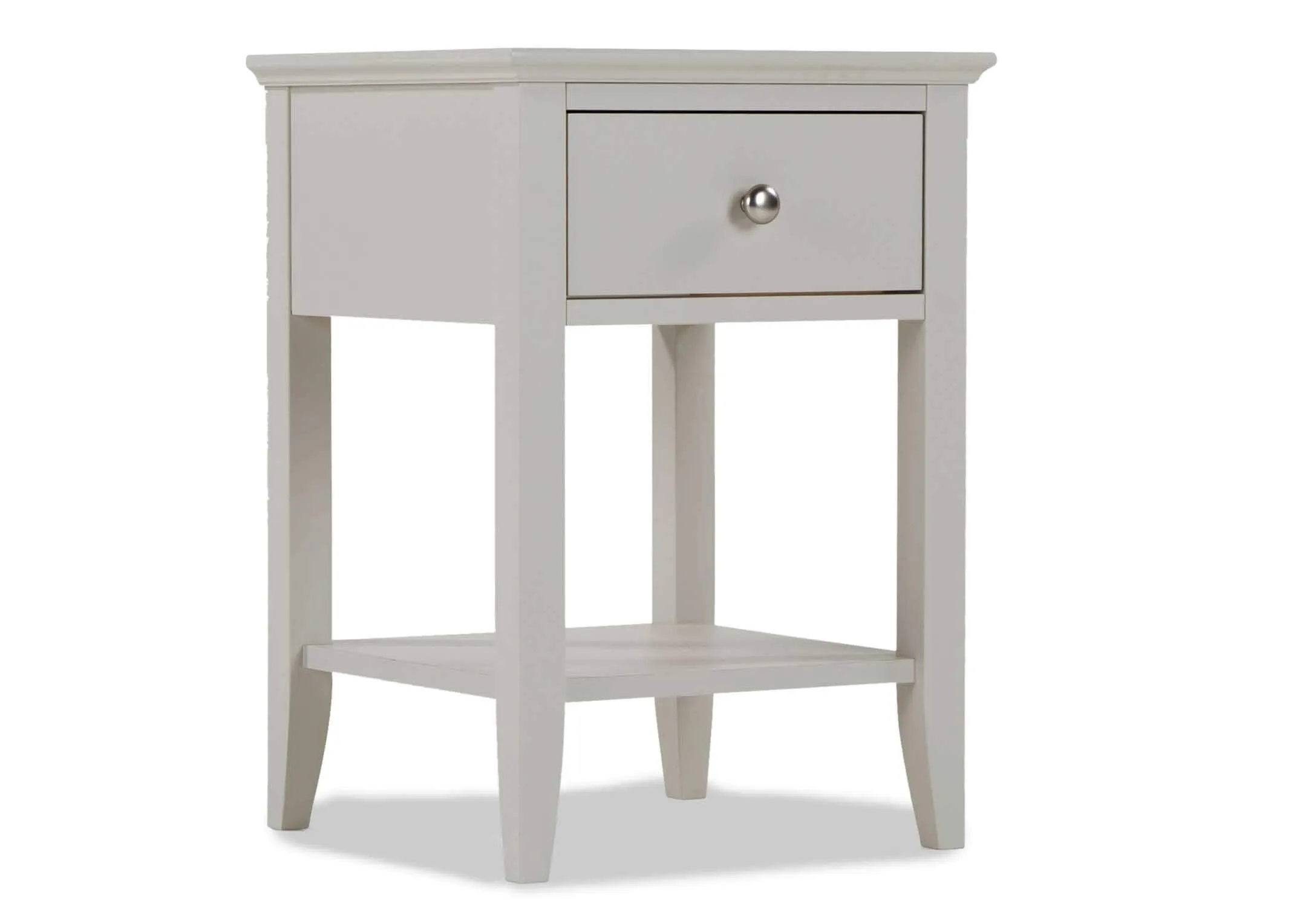 Angle shot of the Rivendale one drawer bedside locker painted in a stylish grey with a circular metal handle