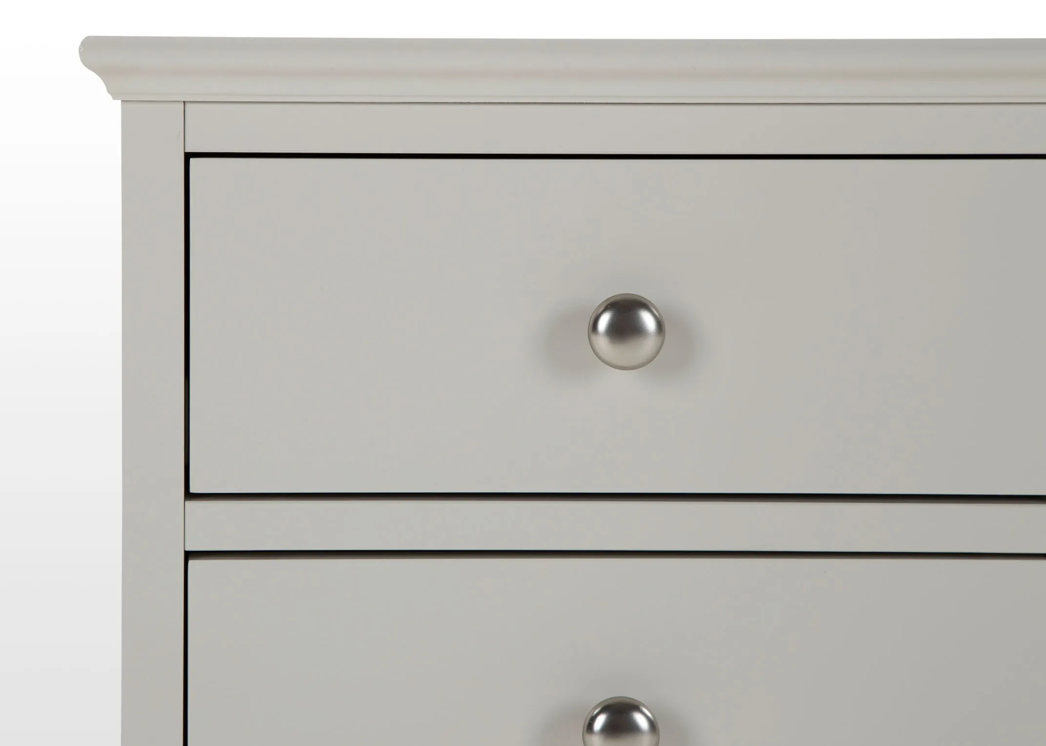 Detailed close-up view of the Rivendale bedside painted grey locker showing the circular metal handles