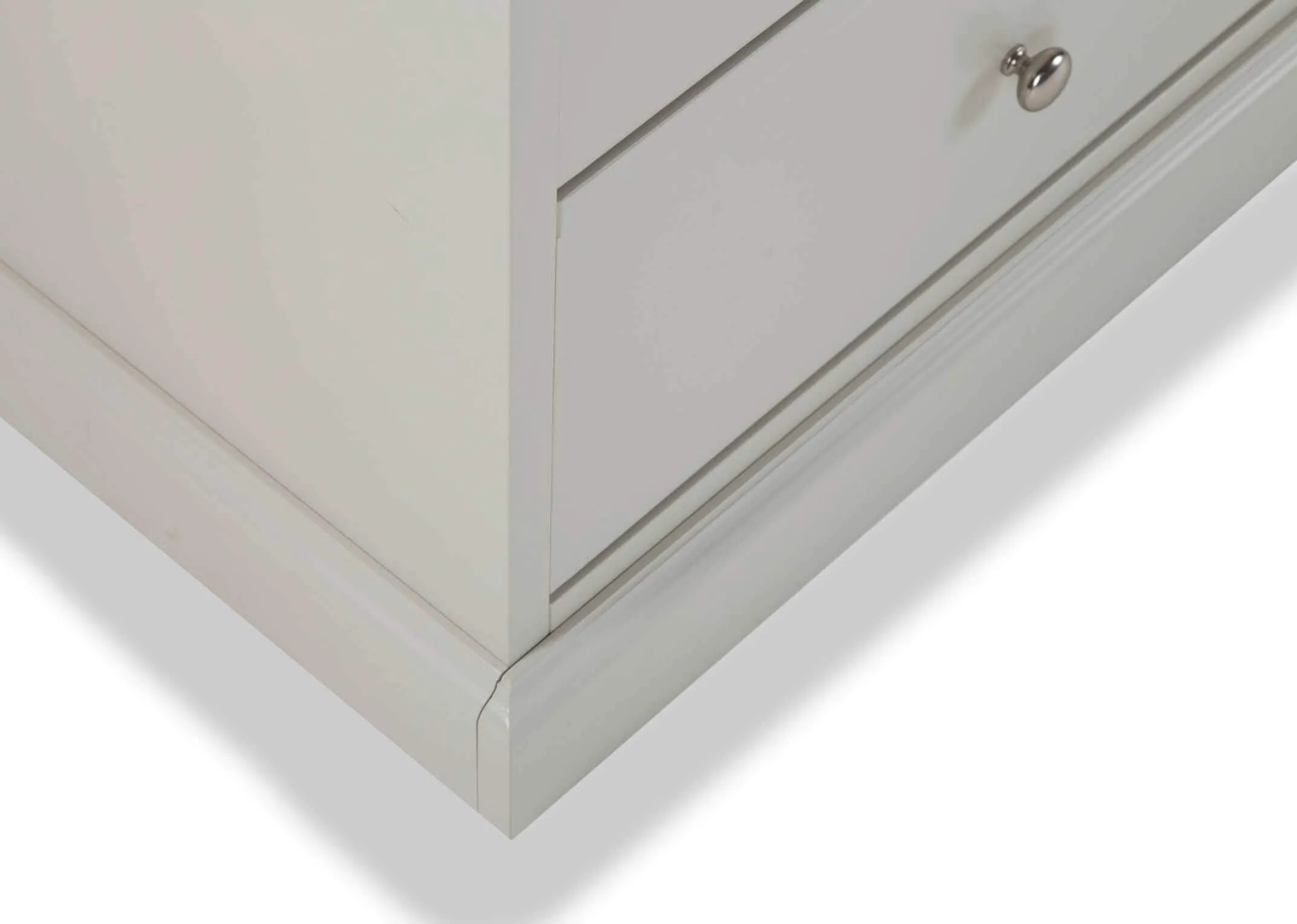 Detailed close-up view of the Rivendale three drawer grey bedside locker showing the detailing around the bottom of the locke