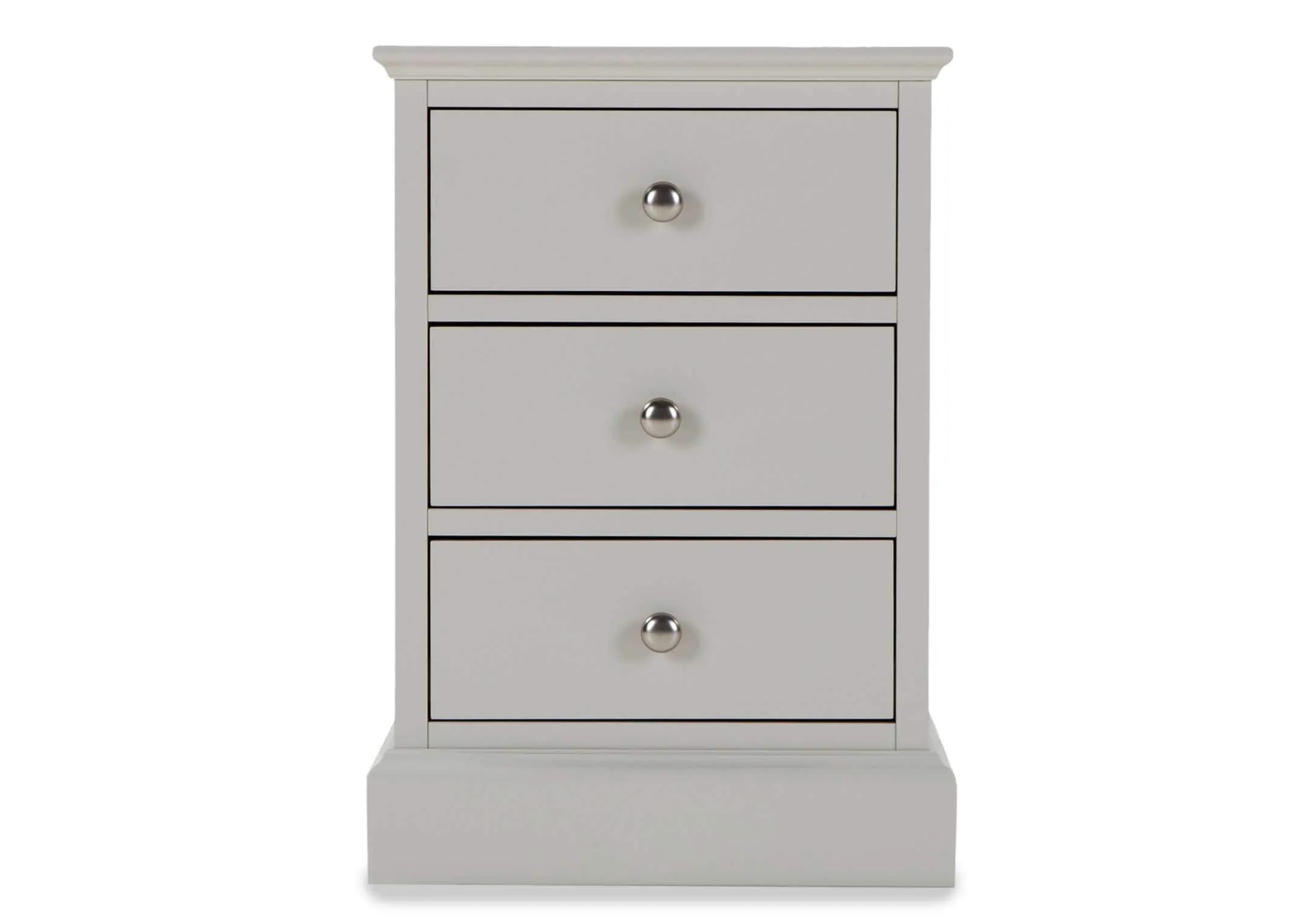 Full front view of the Rivendale three drawer grey bedside locker showing the three drawers with circular metal handles