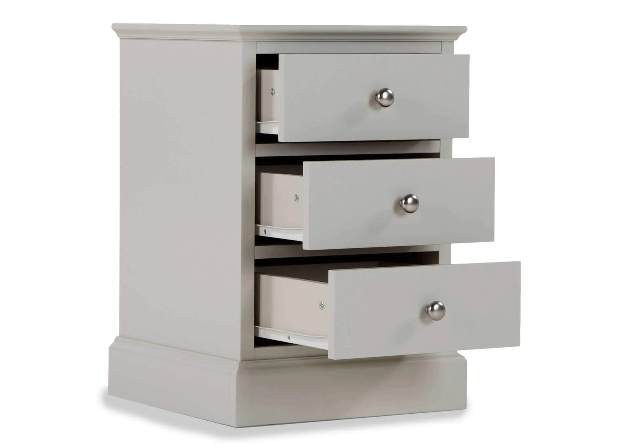 Angled shot of the Rivendale grey bedside locker showing each of the three drawers in an open position