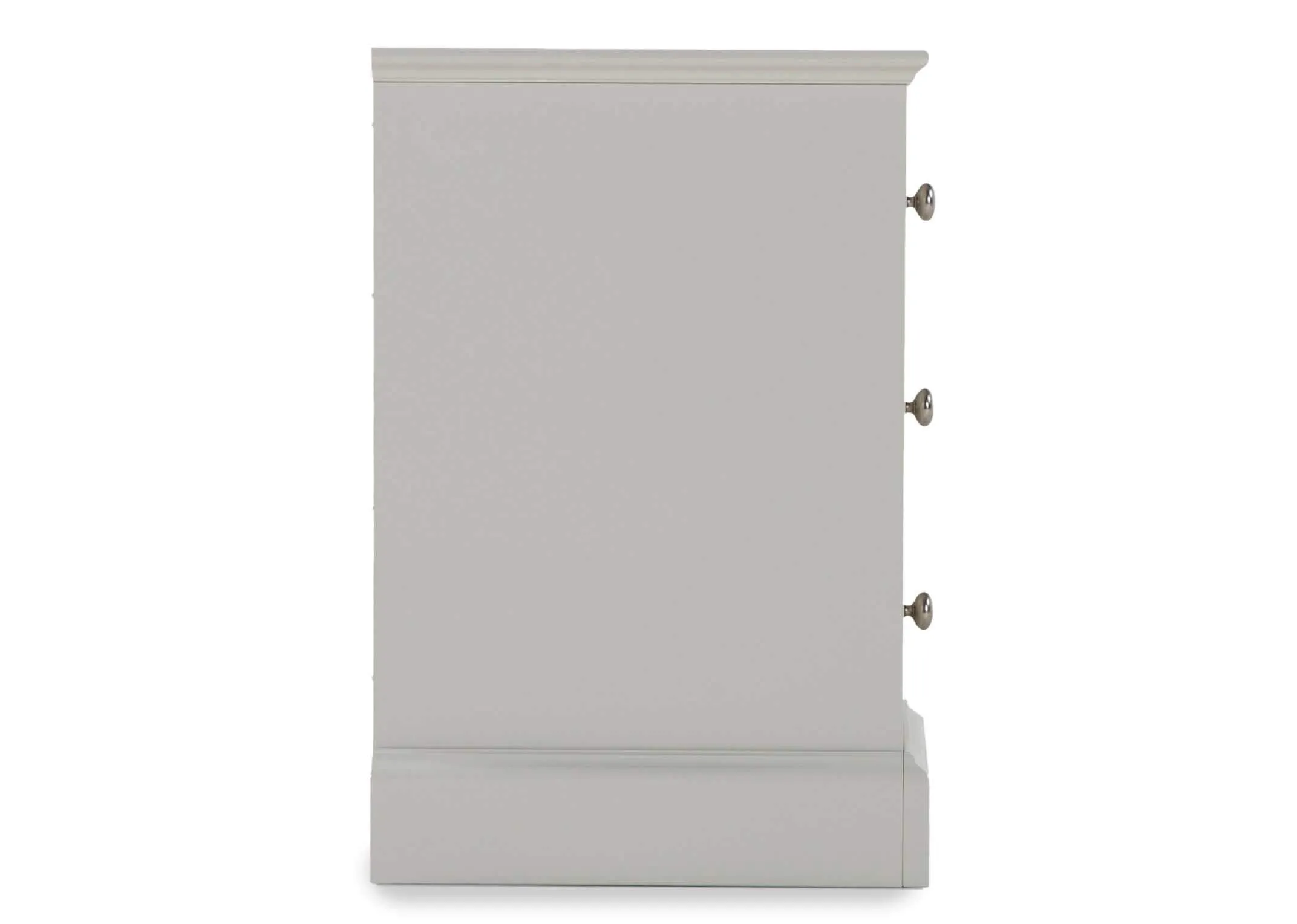 Full side view of the Rivendale three drawer grey bedside locker with subtle detailing around the bottom