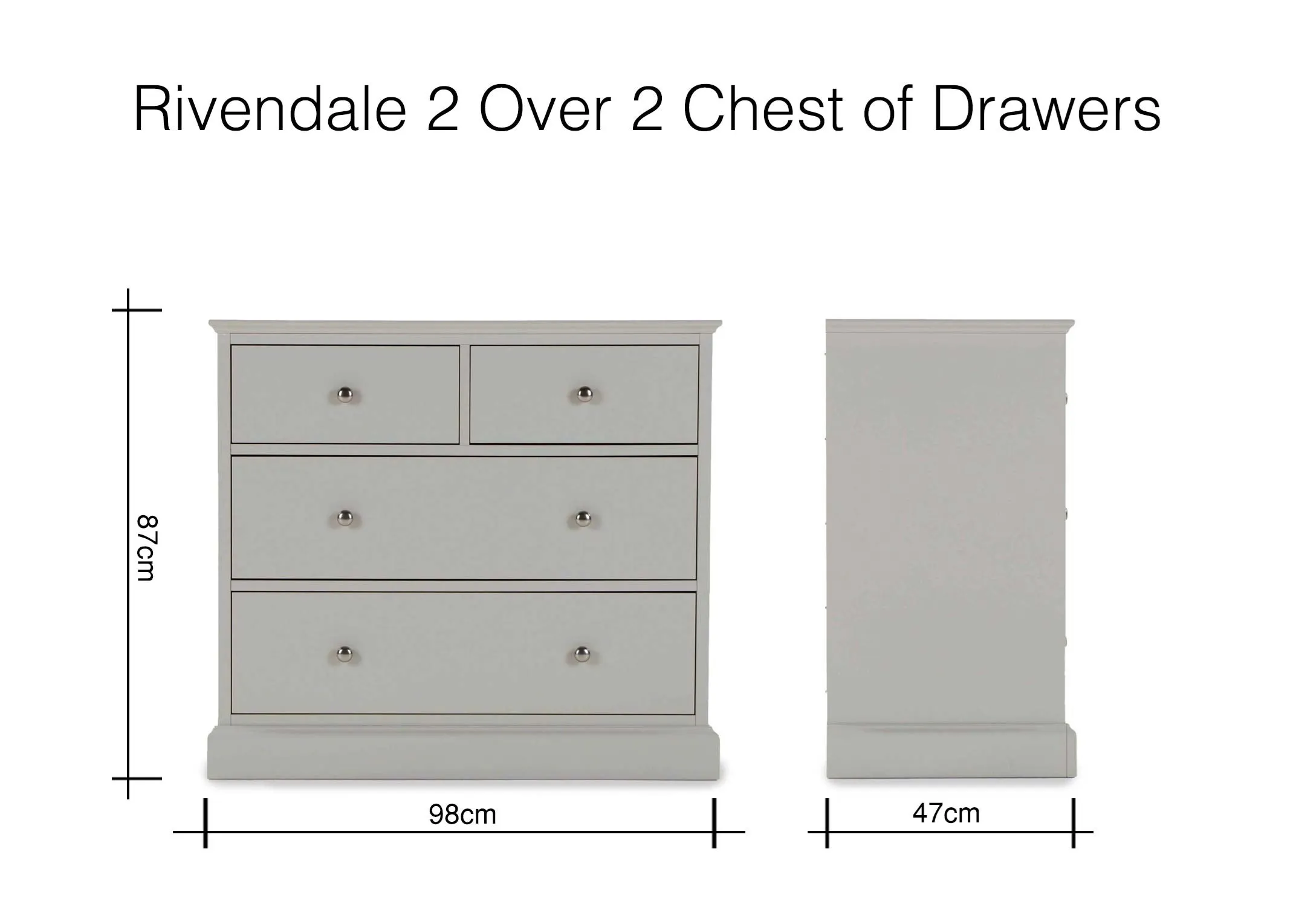 Full front view of the Rivendale four drawer grey chest of drawers showing the subtle detailing around the bottom