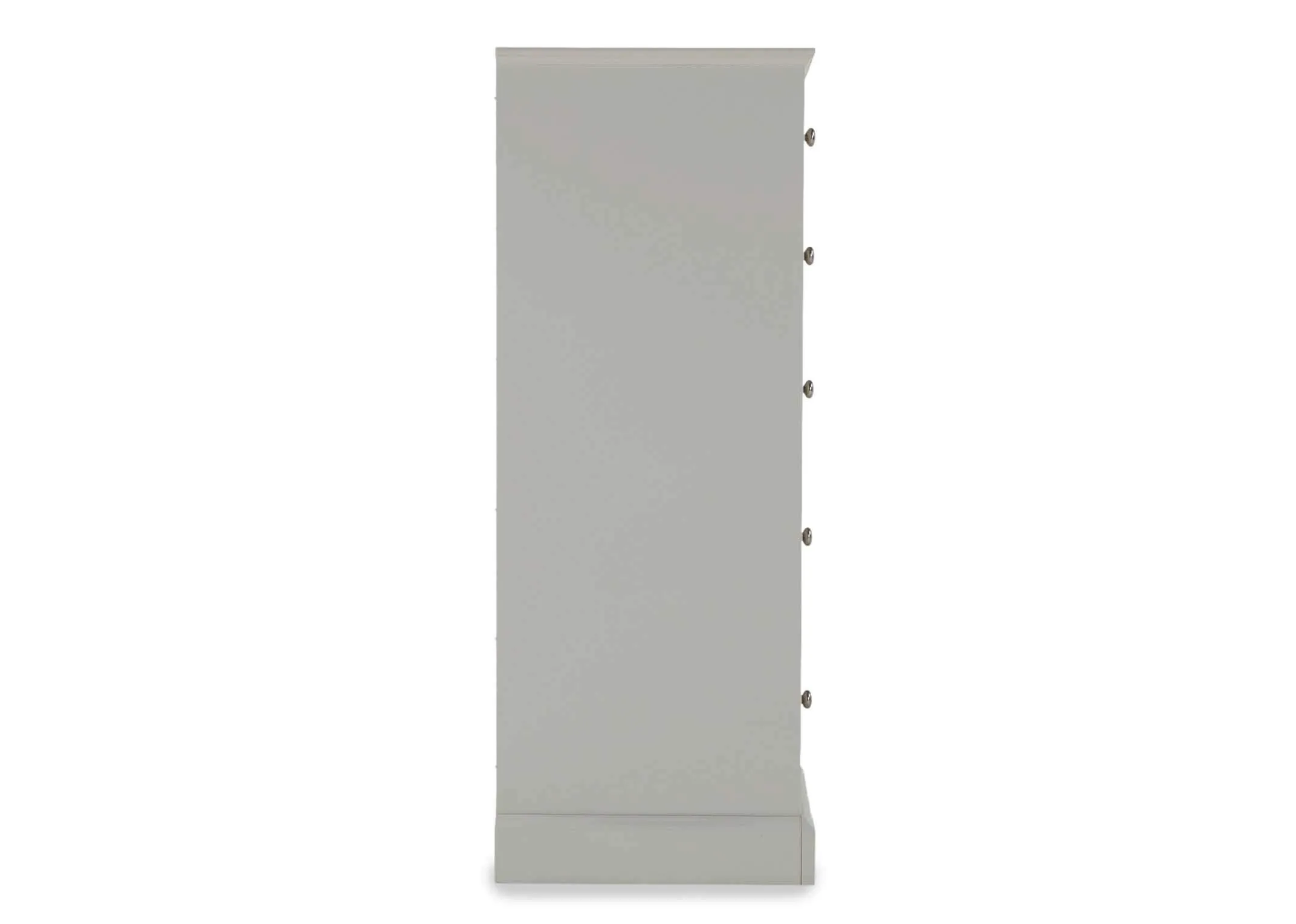 Full side view of the Rivendale five drawer tallboy style chest of drawers showing the small circular metal handles