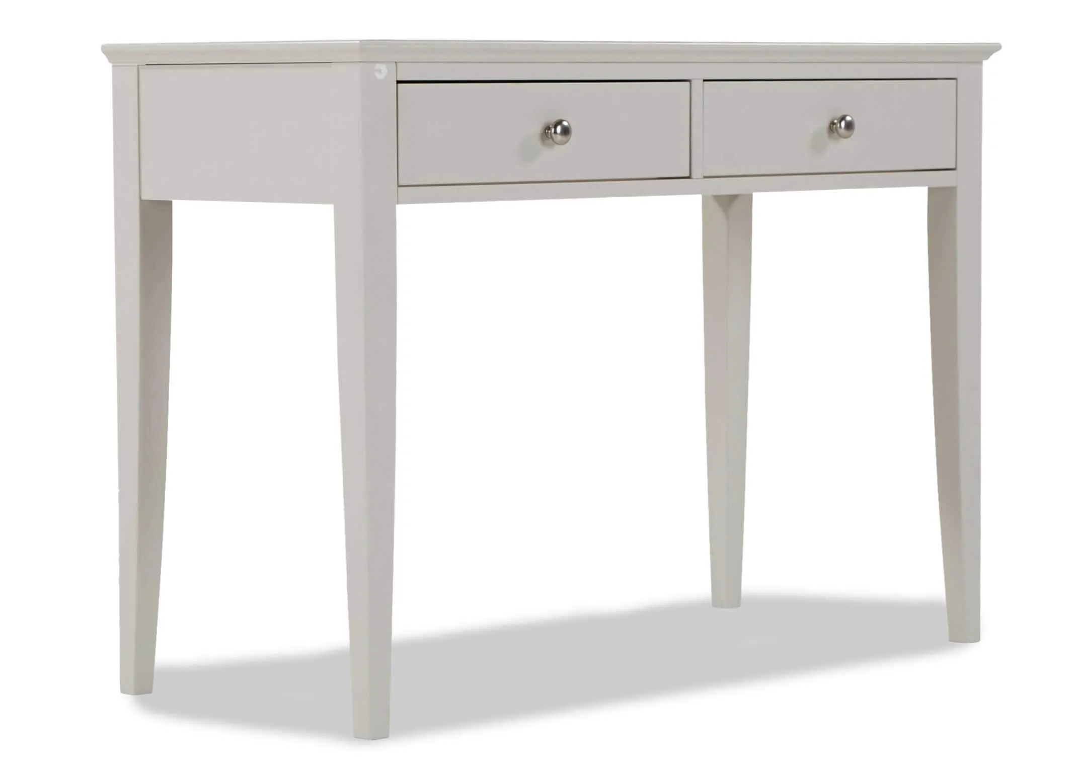Angled shot of the Rivendale two drawer grey dresser set with an accompanying grey stool with a fabric seat