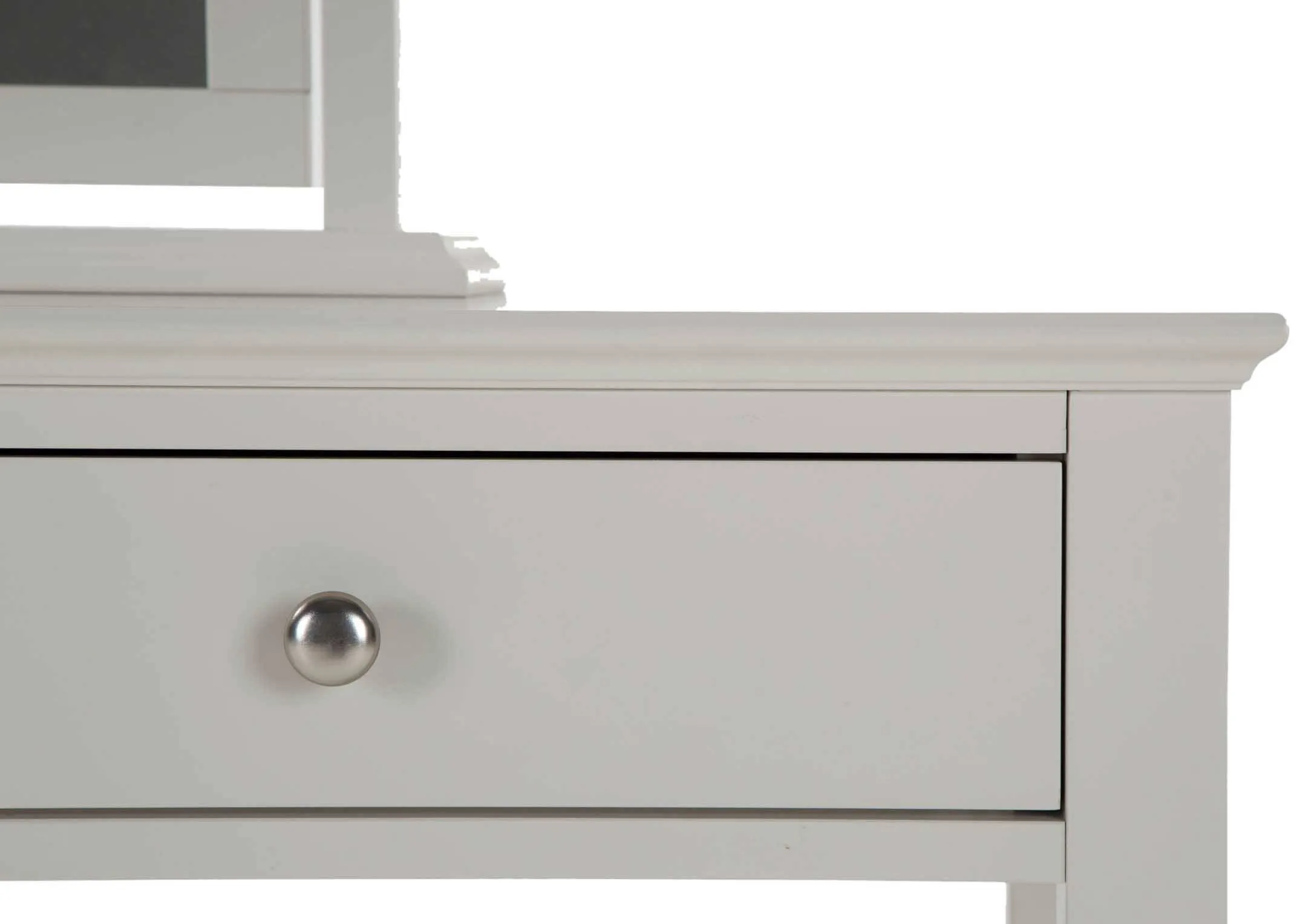 A lifestyle image of the grey vanity dresser & stool with bedframe from EZ Living Furniture