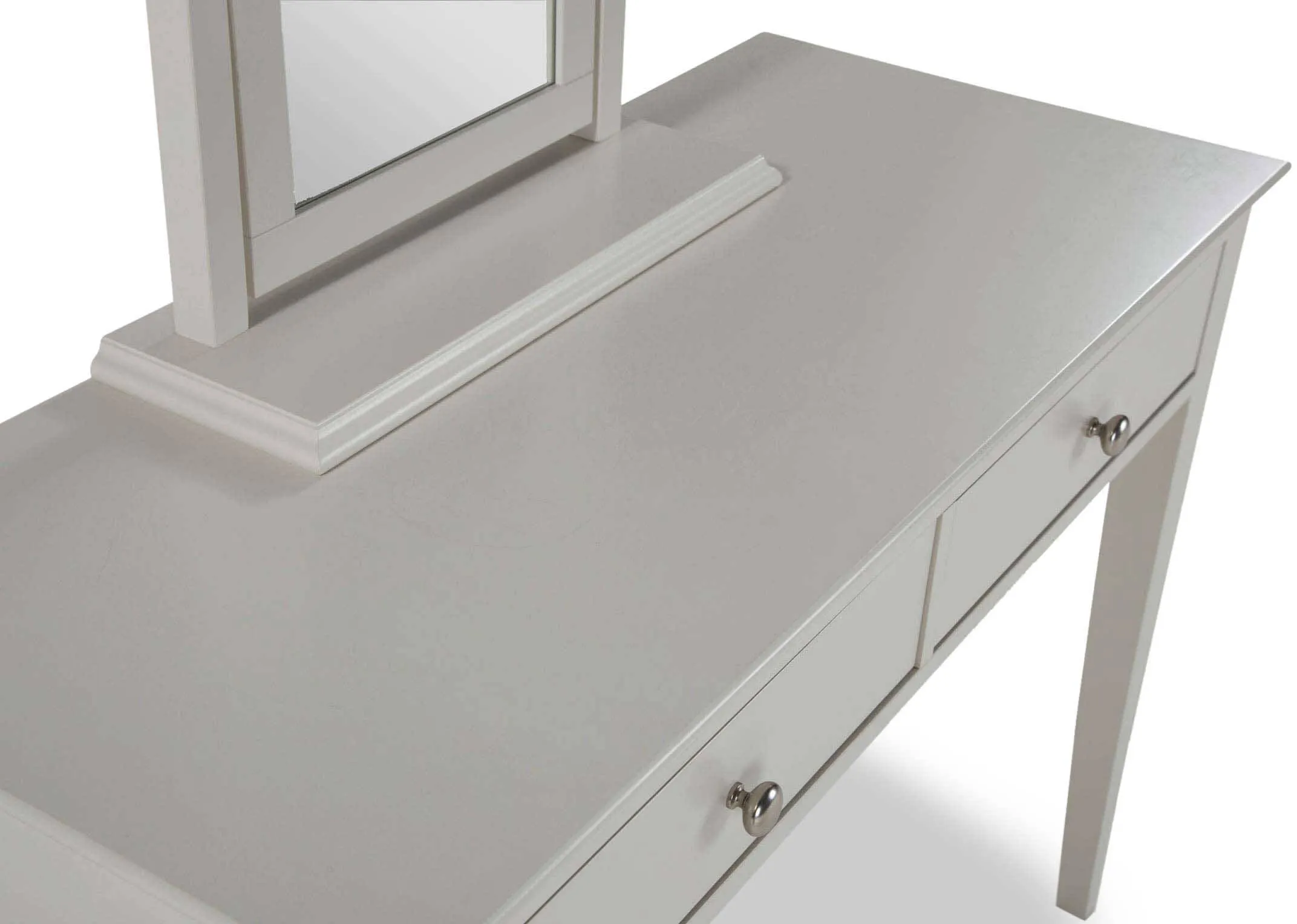 Detailed close-up view of the Rivendale two drawer dresser set finished in a stylish grey paint featuring a vanity mirror
