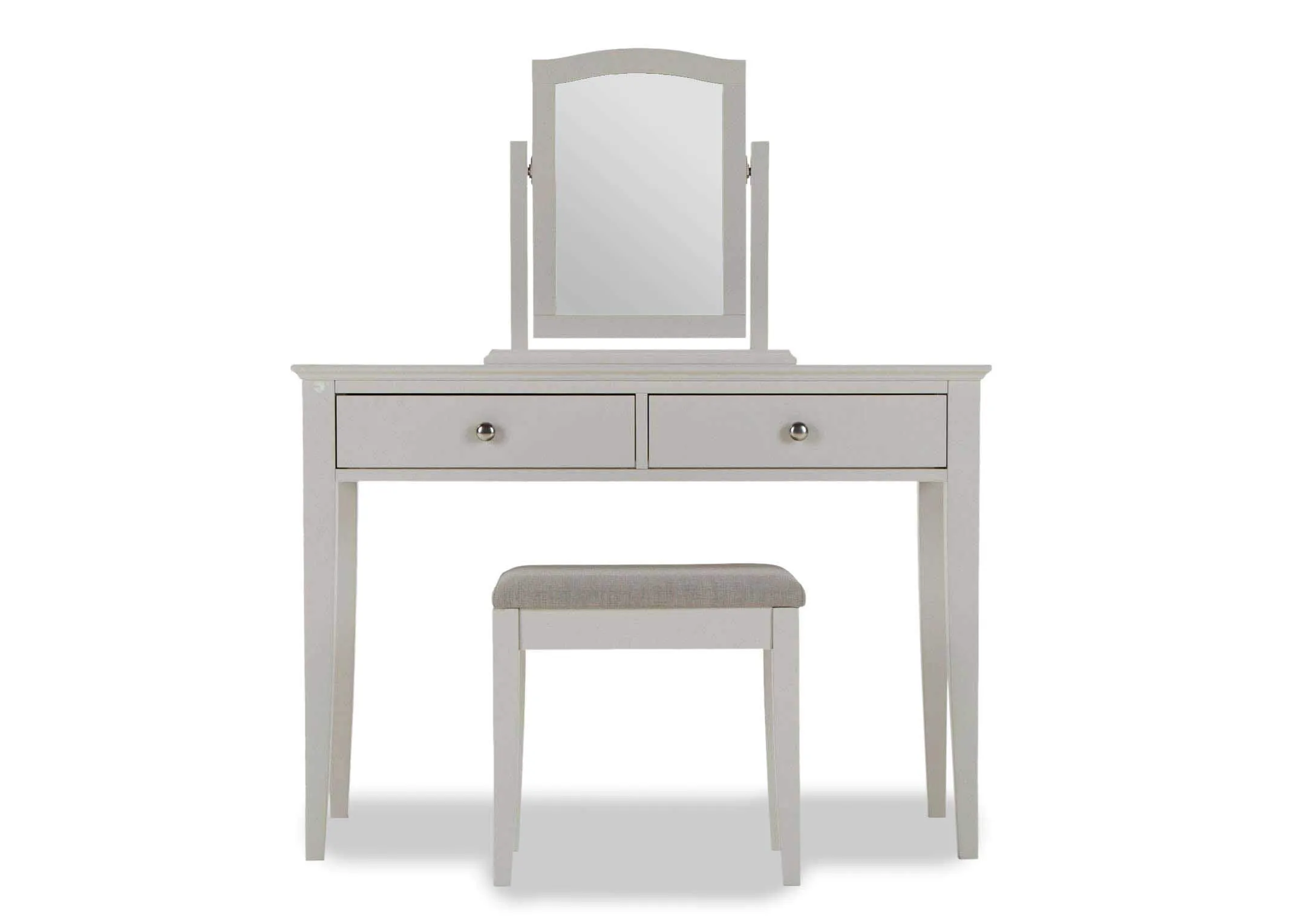 Full front view of the Rivendale two drawer dresser set with an accompanying mirror and footstool with a fabric seat