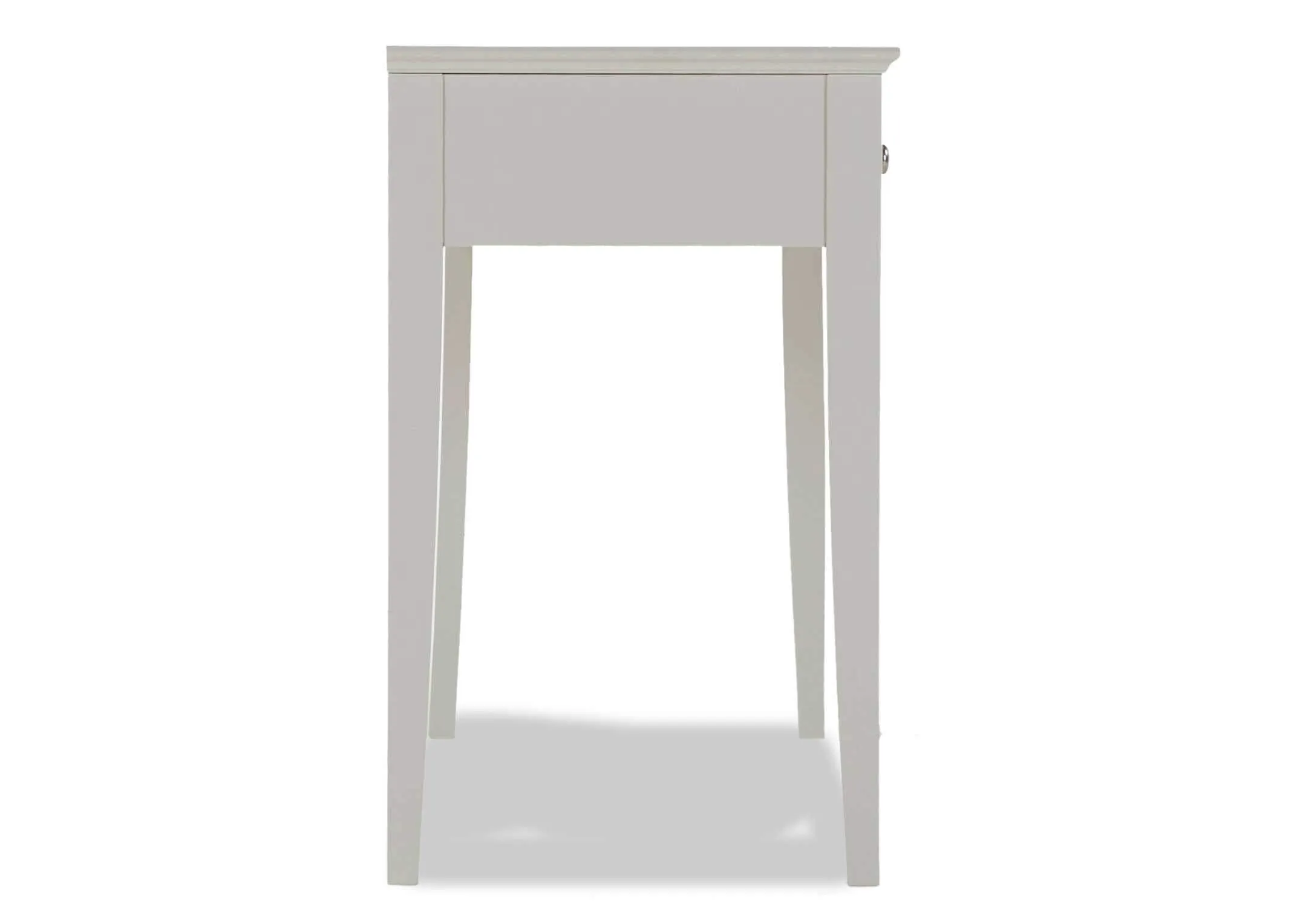 Full side view of the Rivendale two drawer dresser set showing the sturdy wooden feet