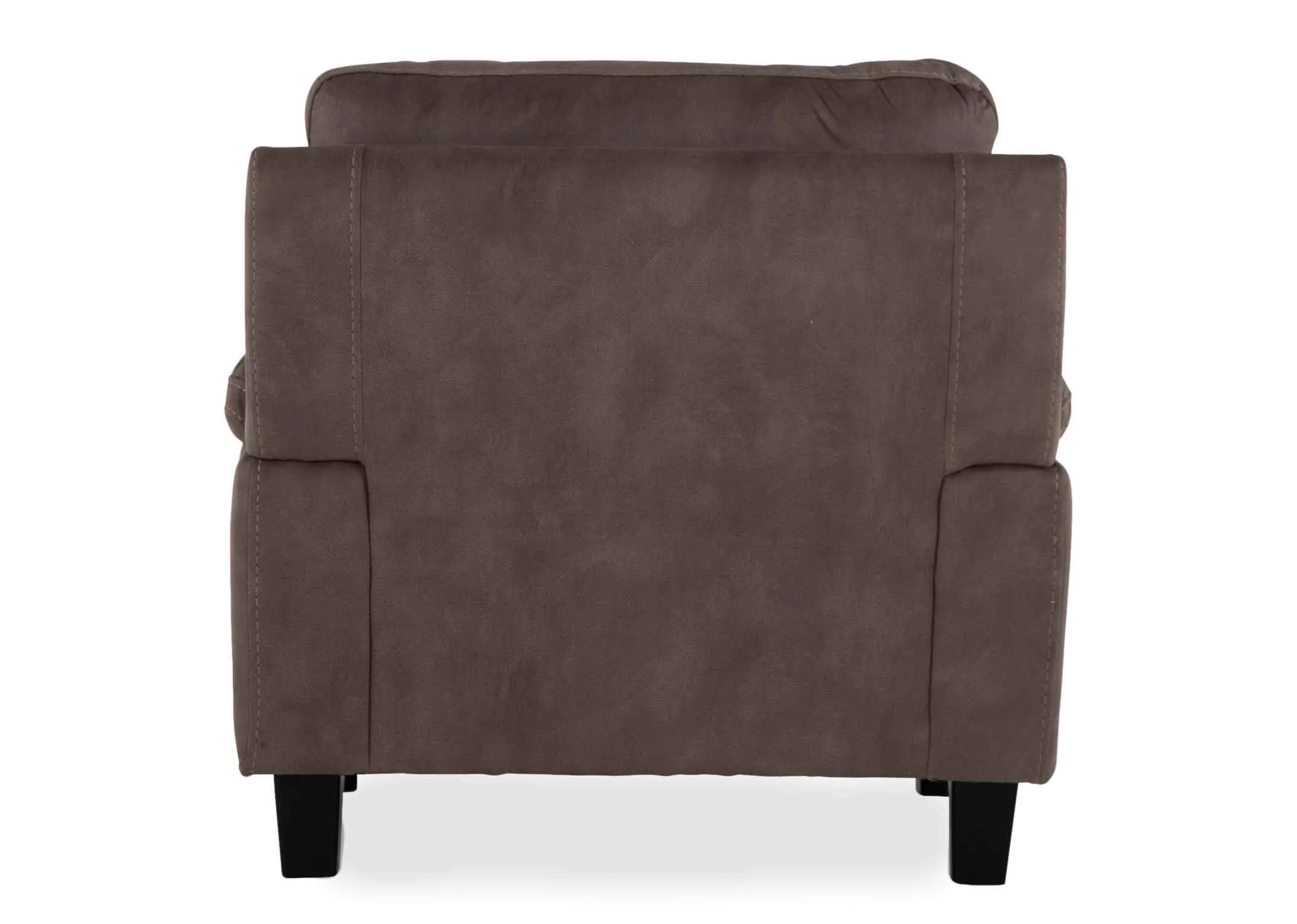 A view from behind of the back of the Nikita brown fabric armchair.