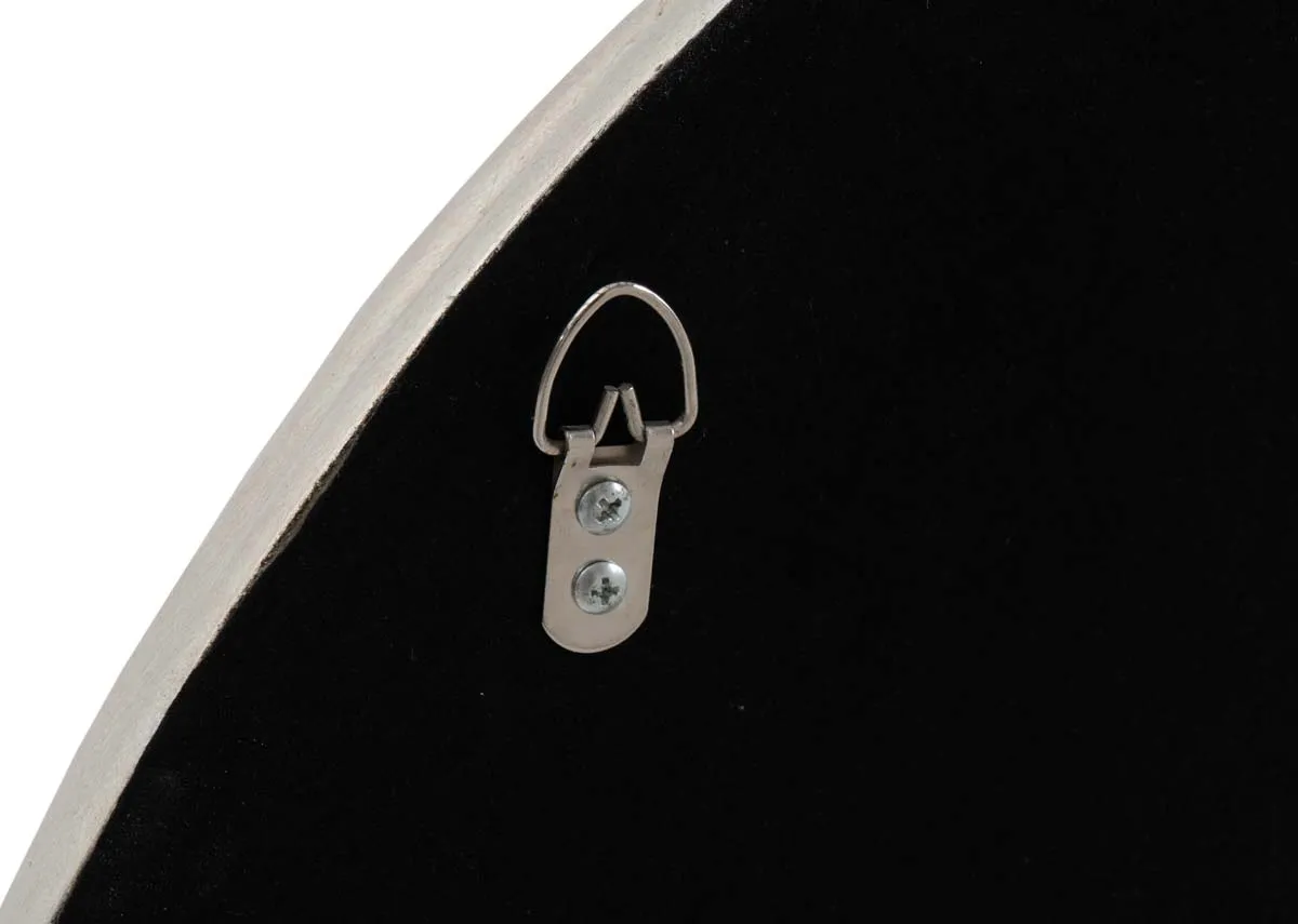A round gold mirror from EZ Livings Gemma range.Closeup of wal hangers on back of mirror