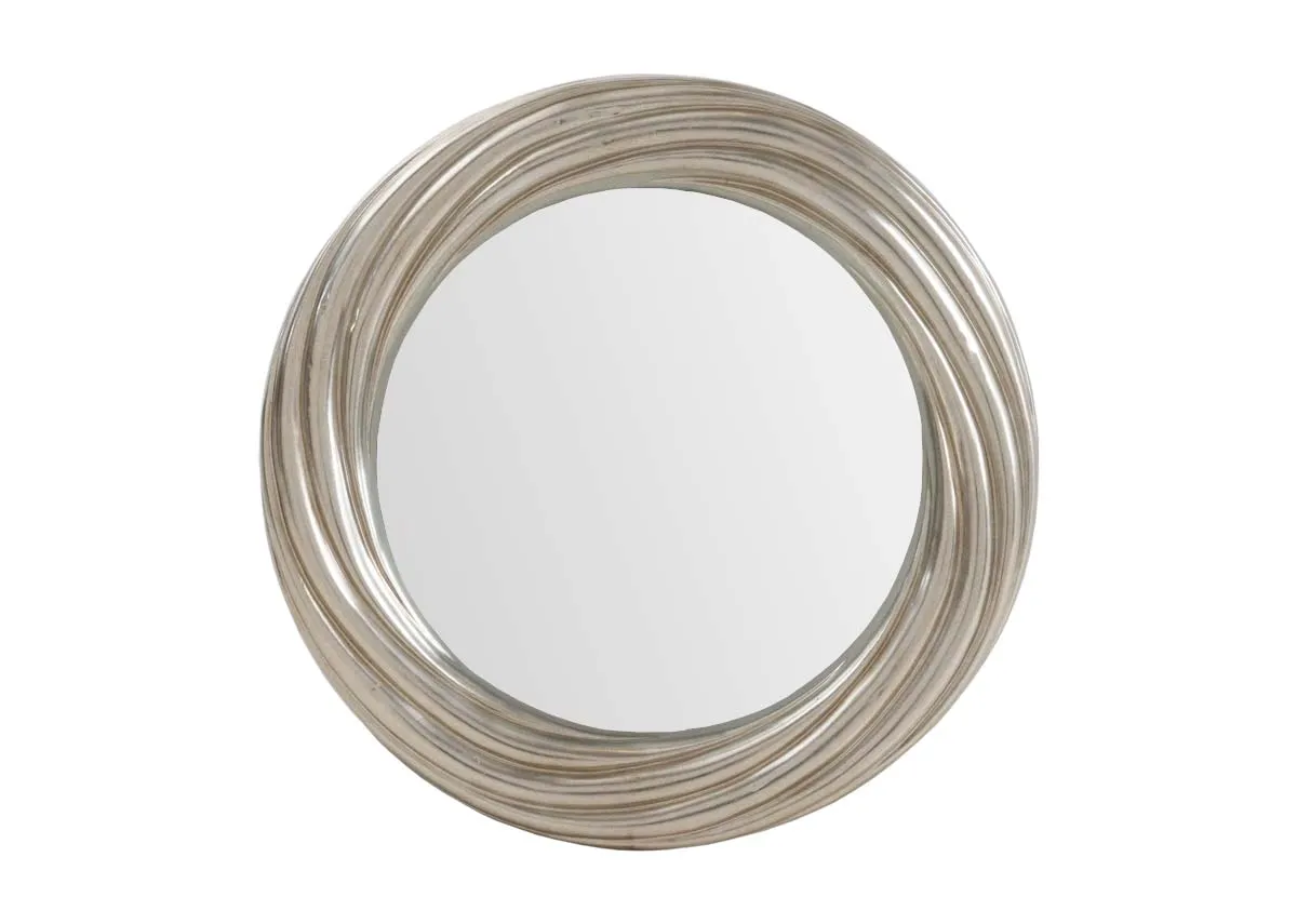 A round gold mirror from EZ Livings Gemma range. Front view of thick gold trim.