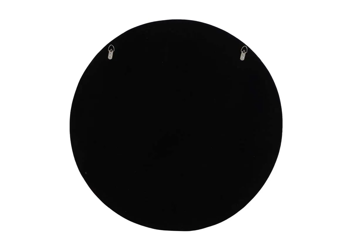 A round gold mirror from EZ Livings Gemma range.Back veiw shows black canvas