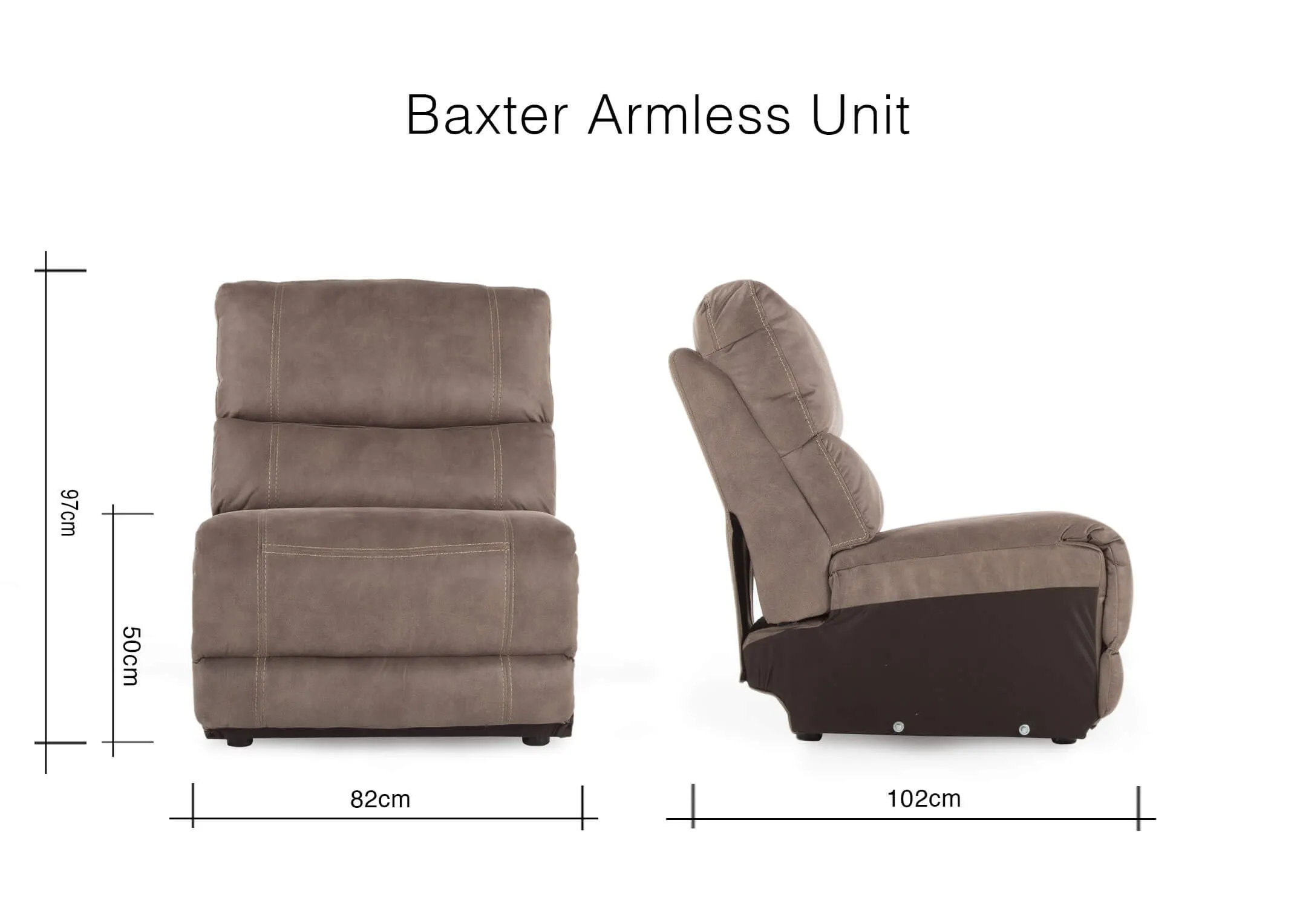 A dimension image of the Baxter Taupe Fabric Armless Unit with 82cm (Width) x 97cm (Height) x 102cm (Depth) x 50cm (Seat)