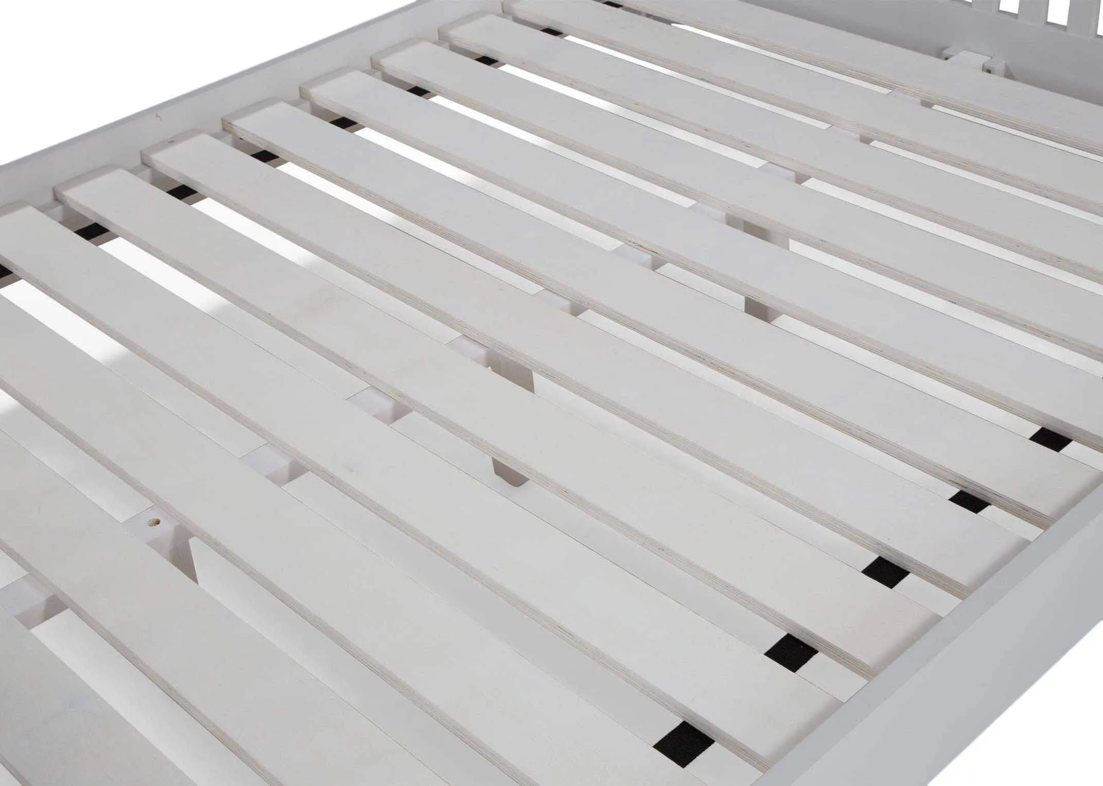 Detailed view of headboard of king-size 5 feet grey oak bed frame with light brown ending Georgia
