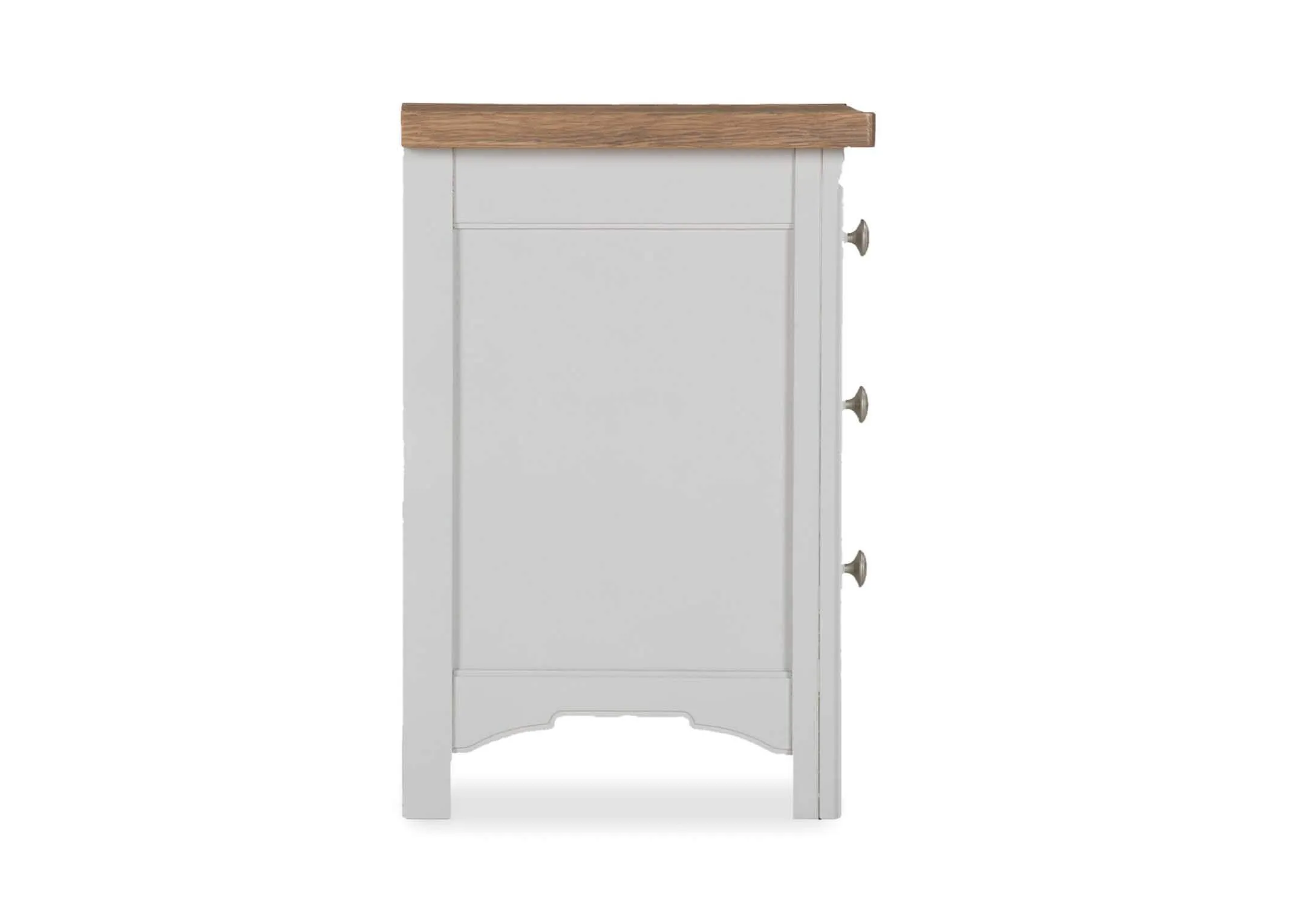 Front view of three-drawer grey oak bedside locker with light-coloured wooden top Georgia