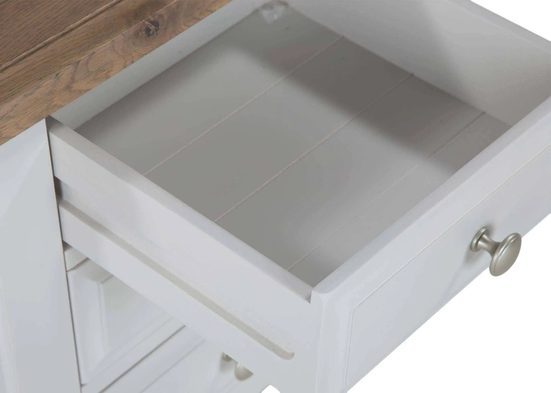 Detailed view of top of three-drawer grey oak bedside locker with light-coloured wooden top Georgia 