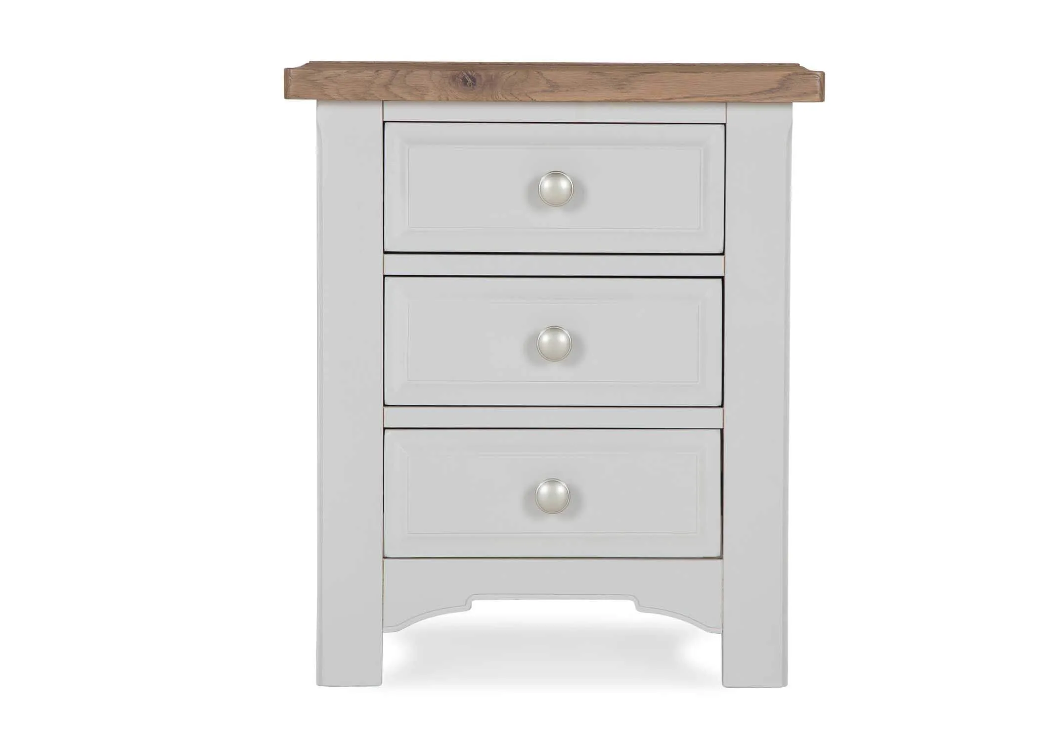 Detailed view of legs of three-drawer grey oak bedside locker with light-coloured wooden top Georgia