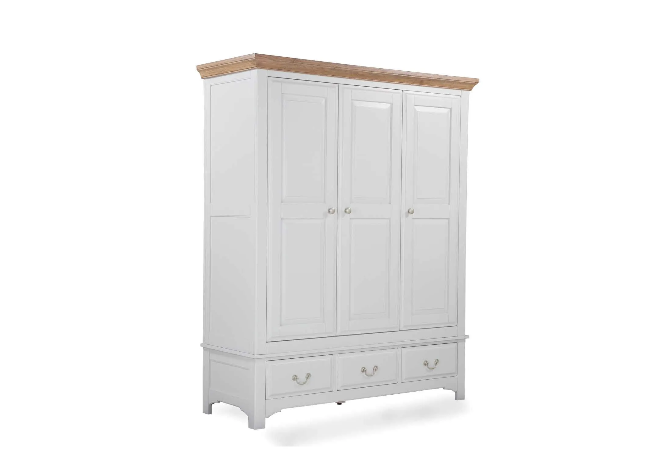 View of front and side of three-door three-drawer grey oak wardrobe Georgia