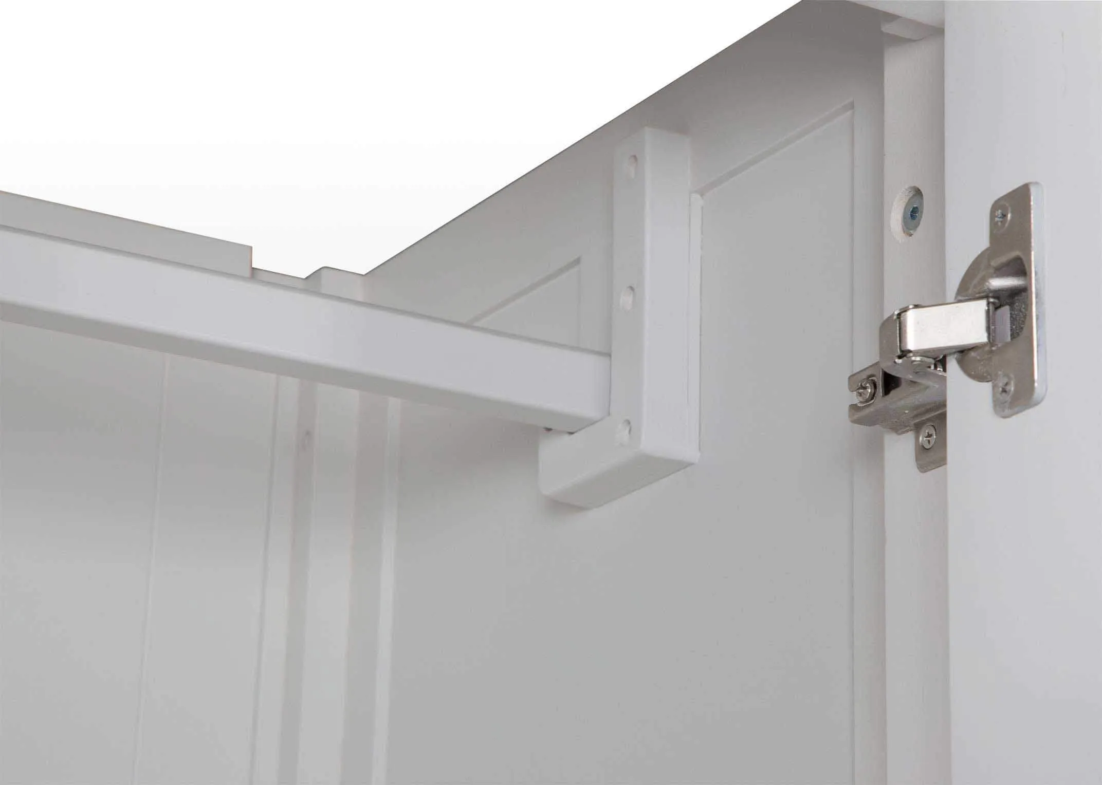 Detailed view of top of three-door three-drawer grey oak wardrobe Georgia