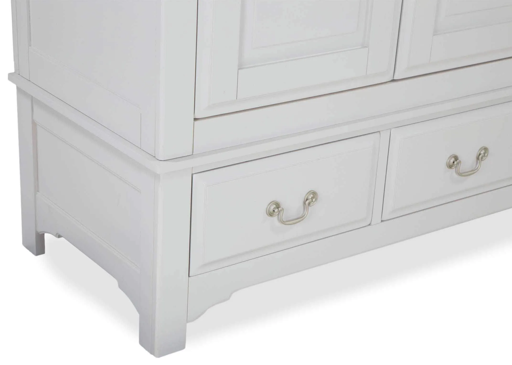 Detailed view of interior of three-door three-drawer grey oak wardrobe Georgia